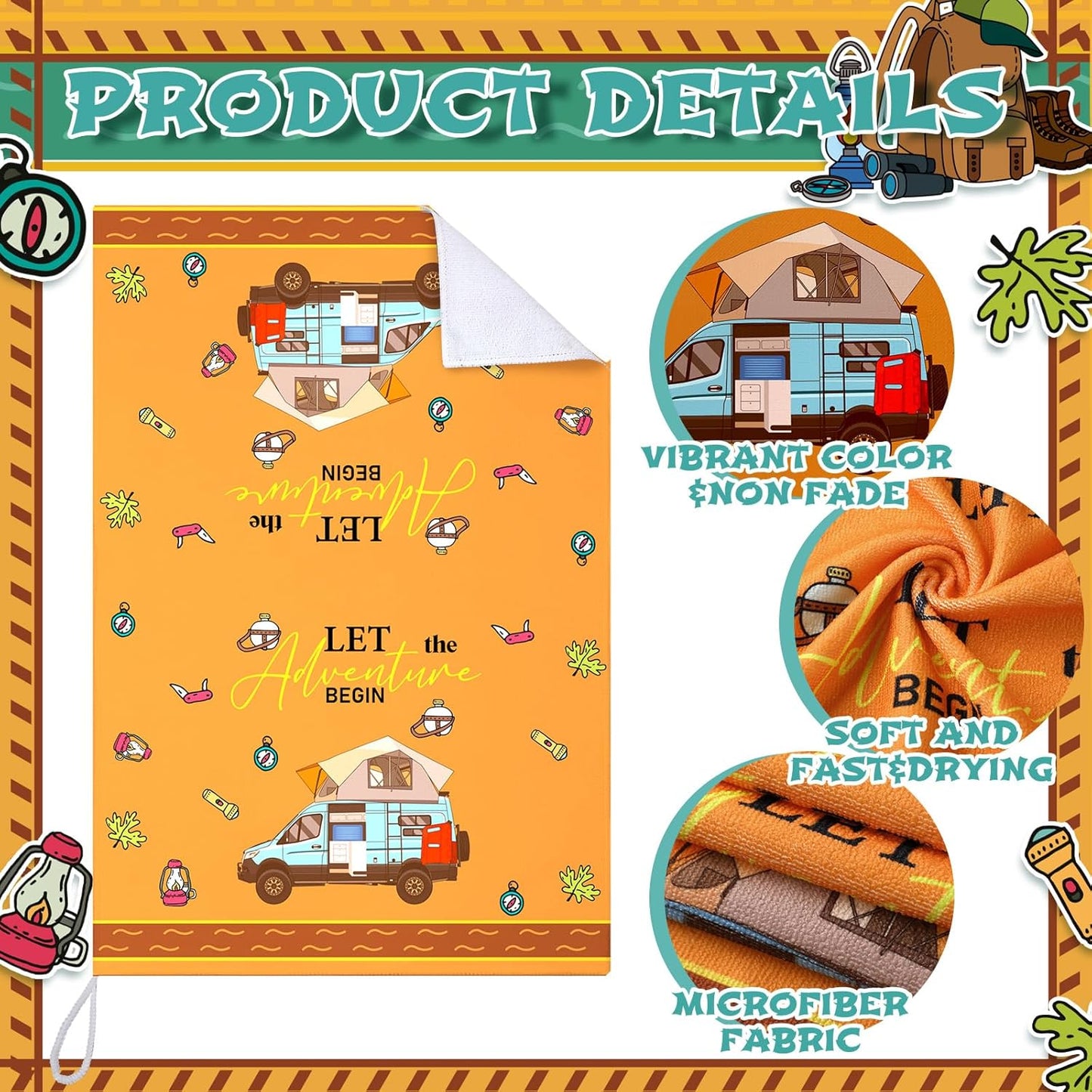 Boyiee Set of 6 Camping Kitchen Towels Absorbent Dishcloths Bonfire Tent Car Tea Towels 24 x 16 Inches with Funny Sayings Novelty Gifts for Campers Happy Camper Camping Accessories for Rv Campers