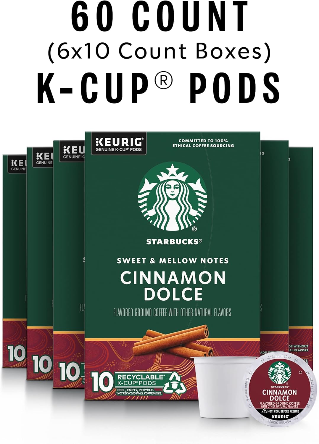 Starbucks K-Cup Coffee Pods, Cinnamon Dolce Flavored Coffee for Keurig Brewers, Naturally Flavored, 100% Arabica, 6 boxes (60 pods total)
