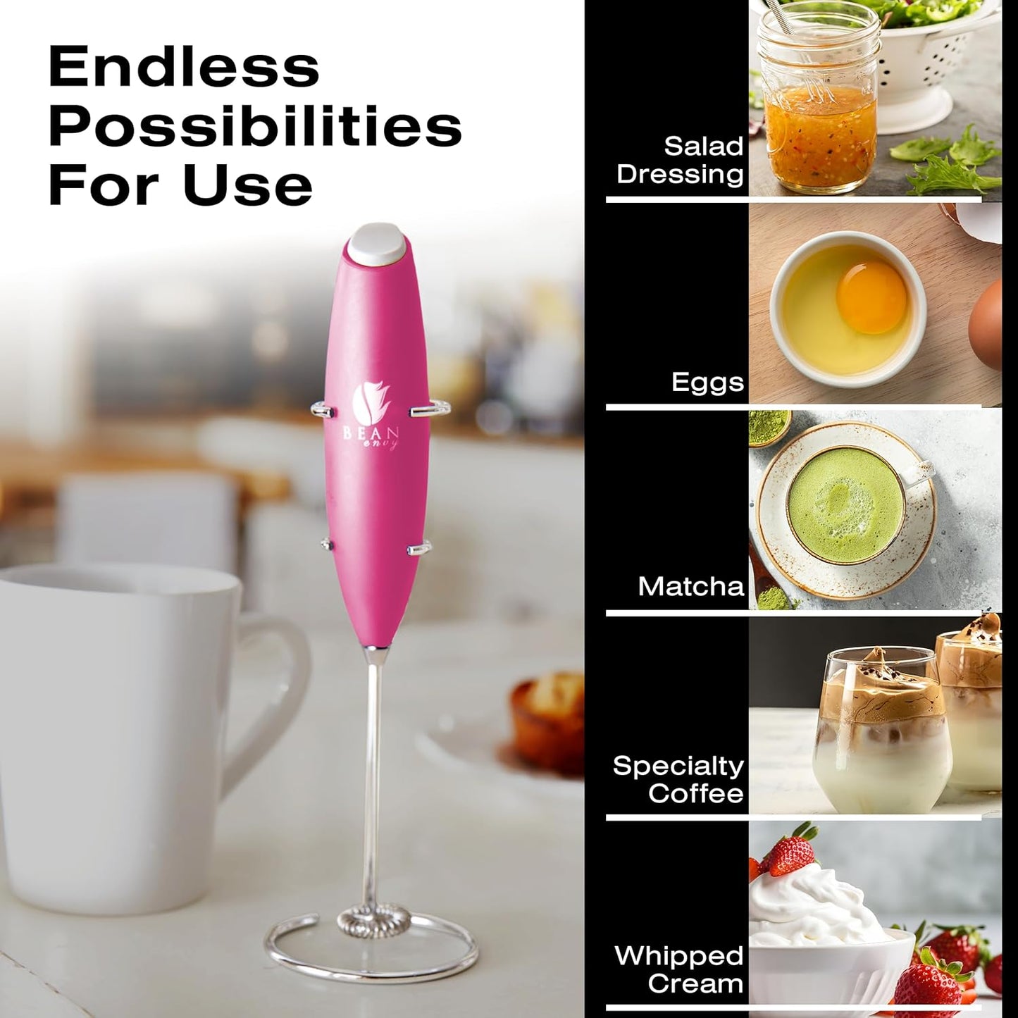 Bean Envy Milk Frother, Coffee Stirrers, Frother Wand, Milk Frother Handheld, Frother with stand, Hand Blender for Coffee, Lattes, Cappuccino, Matcha and Hot Chocolate – Kitchen Gifts (Raspberry)