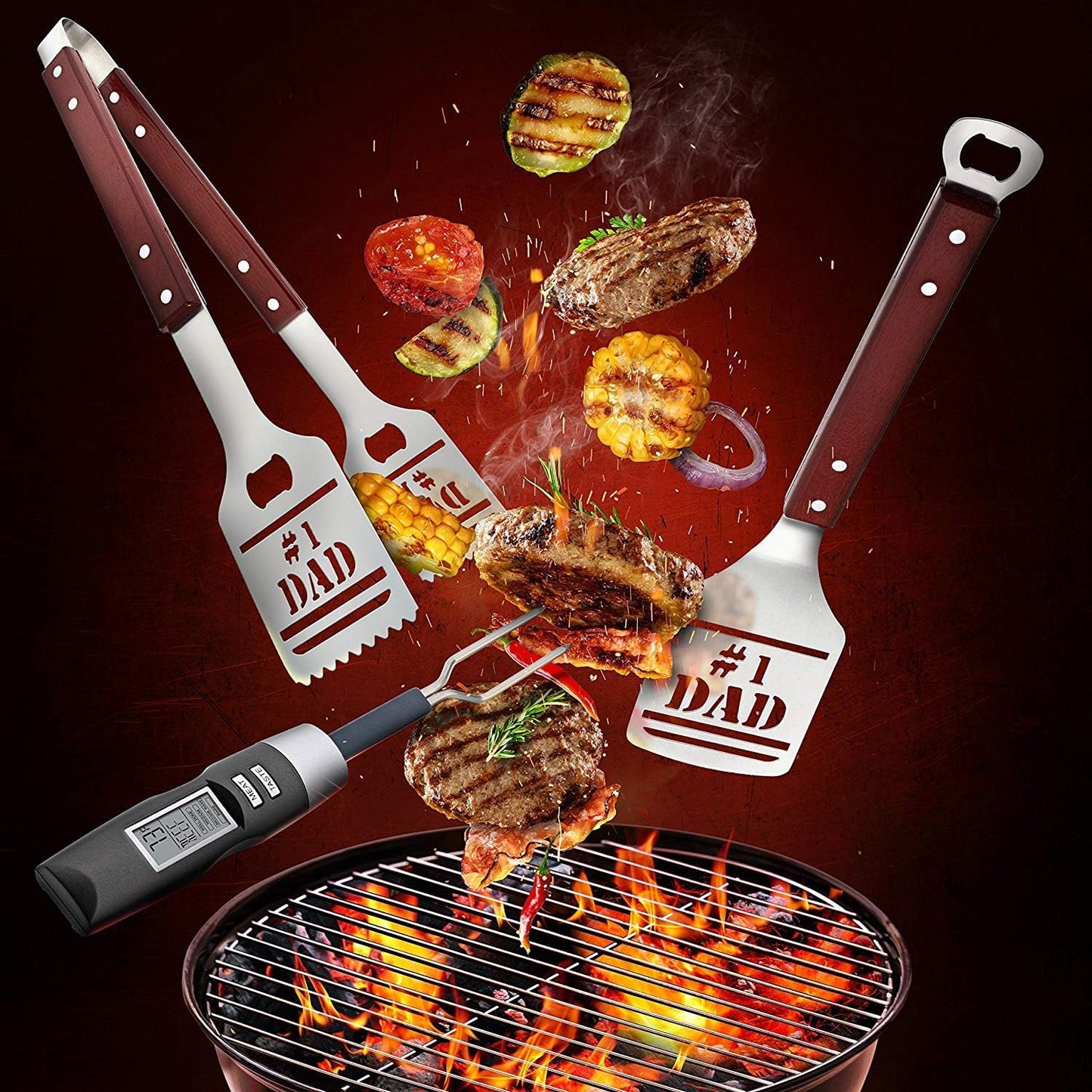 Panoware BBQ Grill Tools Set for Dad, 4 Piece Set, Number 1 Dad Tongs, Spatula, Digital Thermometer and Case