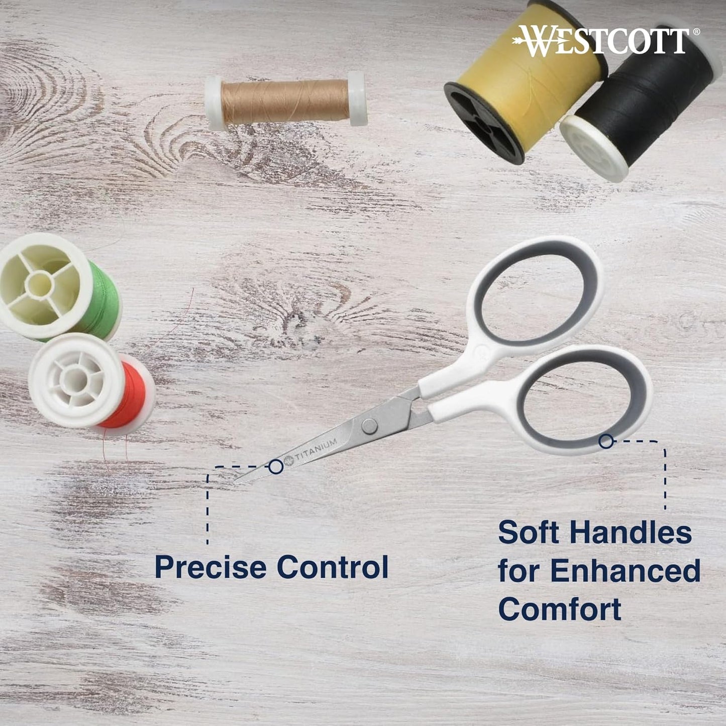 Westcott 4" Embroidery Scissors with Curved Titanium-Bonded Blades for Flush Trimming, Crafting, Sewing & More (White/Gray)