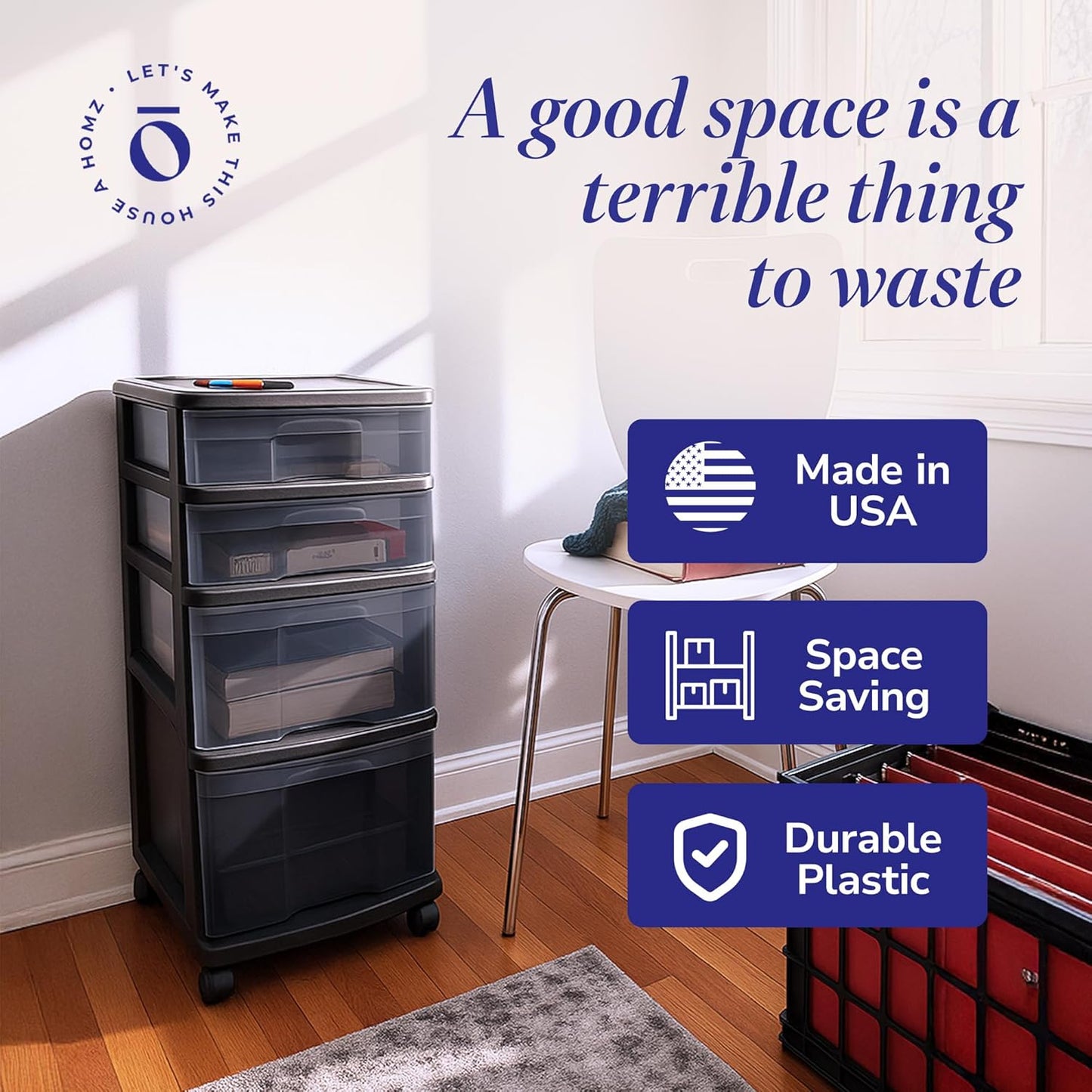 HOMZ Drawer Tower, 4-Tier Clear Plastic Storage Organizer Cart, Black Frame - Rolling Drawer Containers with Wheels for Bathroom, Bedroom, Office, and Classroom Organization