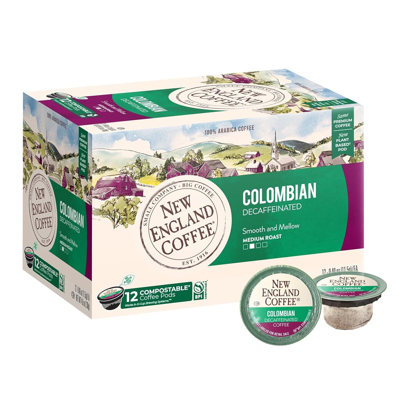 New England Coffee Colombian Decaffeinated Medium Roast Single Serve Pods, 12ct Box (Pack of 1)