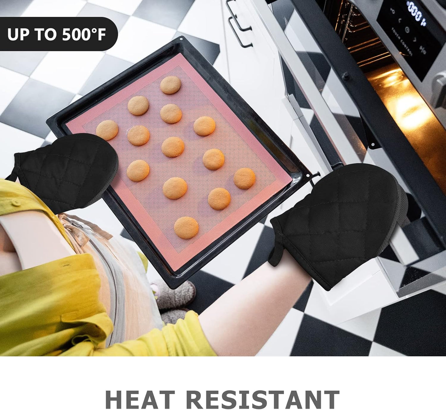 1 Pair Short Oven Mitts, Heat Resistant Silicone Kitchen Mini Oven Mitts for 500 Degrees, Non-Slip Grip Surfaces and Hanging Loop Gloves, Baking Grilling Barbecue Microwave Machine Washable