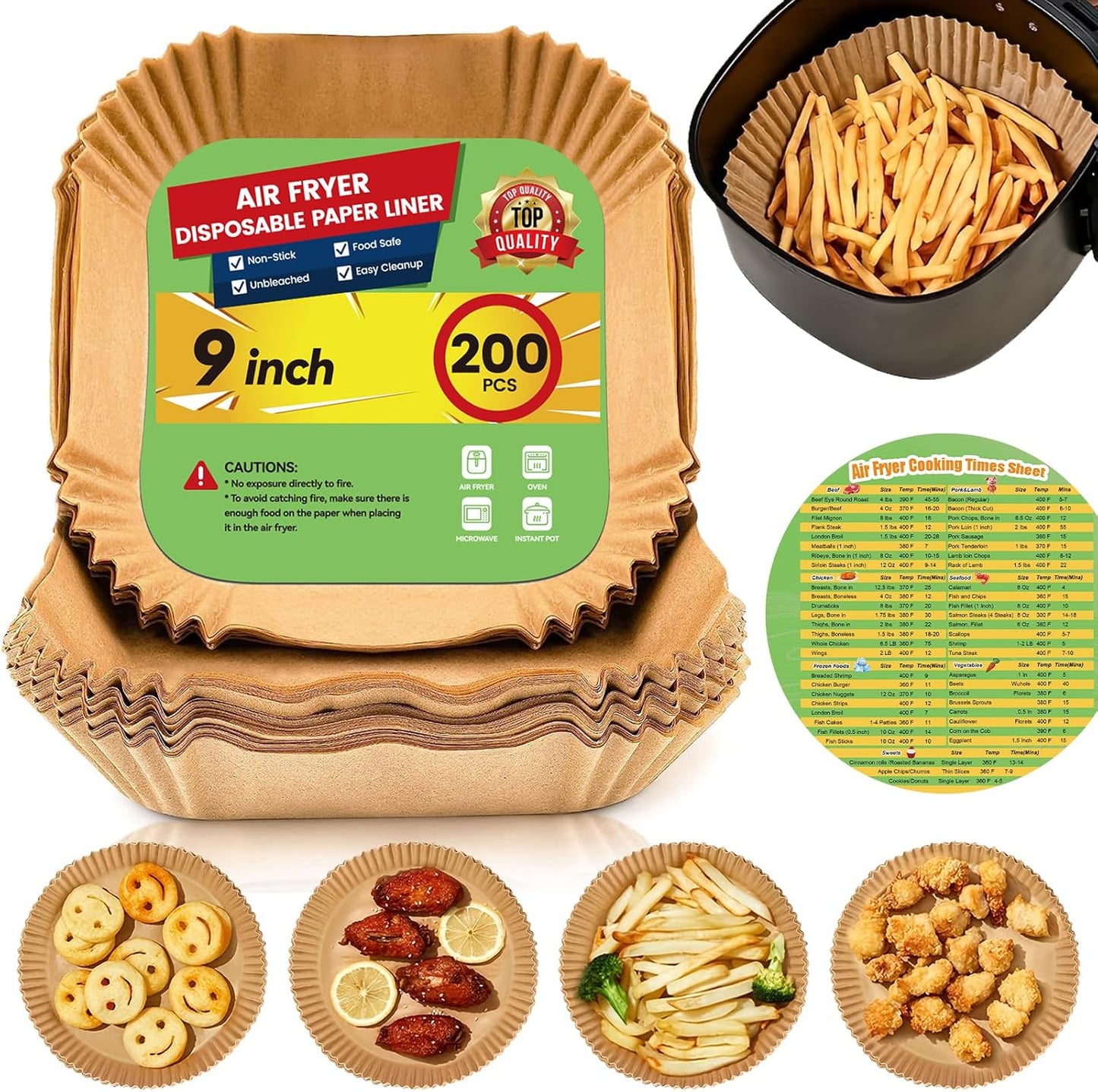 Air Fryer Paper Liners Disposable: 200Pcs 9 Inch Special Square Liners for Air Fryer, Grease and Water Proof Non Stick Basket Parchment Paper