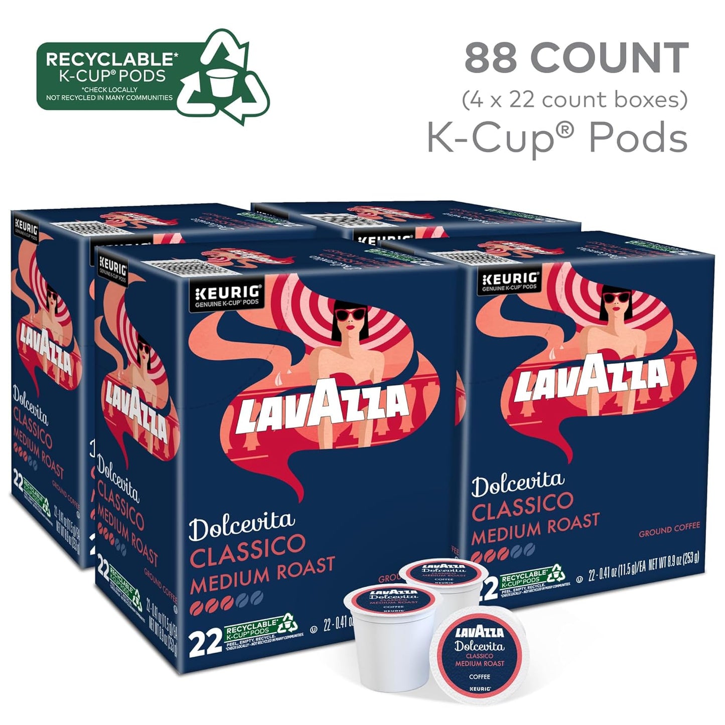 Lavazza Dolcevita Classico, Single-Serve Keurig K-Cup Pods, Medium Roast Coffee, 88-Count Box (4 Packs of 22)