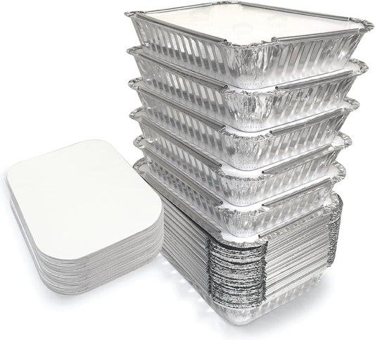 Spare Essentials 55 Pack - 2.25 LB To Go Aluminum Containers with Lids - Heat Proof Foil Tins for Meal Prep, Take Out, Freezer Meals