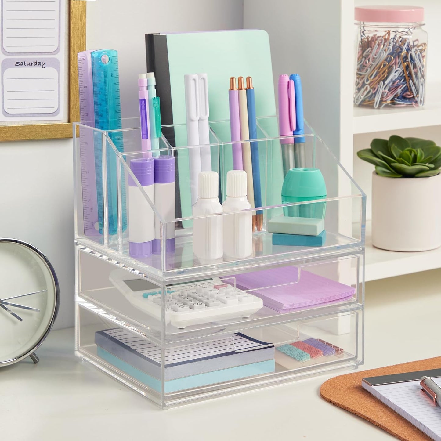 STORi Chloe Stackable Makeup Holder & Drawer Organizer Set, Clear, BPA-Free Plastic, Made in USA, Organize Brushes, Cosmetics & Beauty Essentials