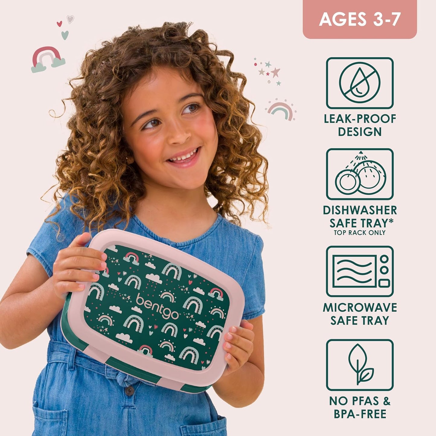 Bentgo Kids Prints Leak-Proof, 5-Compartment Bento-Style Kids Lunch Box - Ideal Portion Sizes for Ages 3-7, Durable, Drop-Proof, Dishwasher Safe, & PFAS & BPA-Free Materials (Green Rainbow)