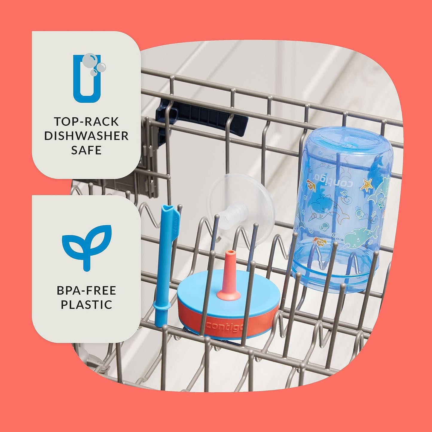 Contigo Kids’ Leighton Straw Tumbler with Spill-Proof Leak-Proof Lid 14oz Blue Poppy/Narwhals