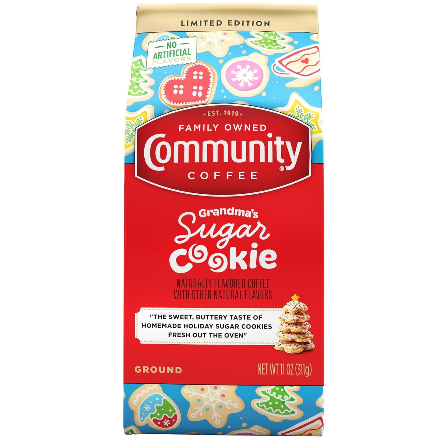 Community Coffee Grandma's Sugar Cookie Ground Coffee, Limited Edition Holiday Flavor, Natural Ingredients, 11 Ounce (Pack of 1)