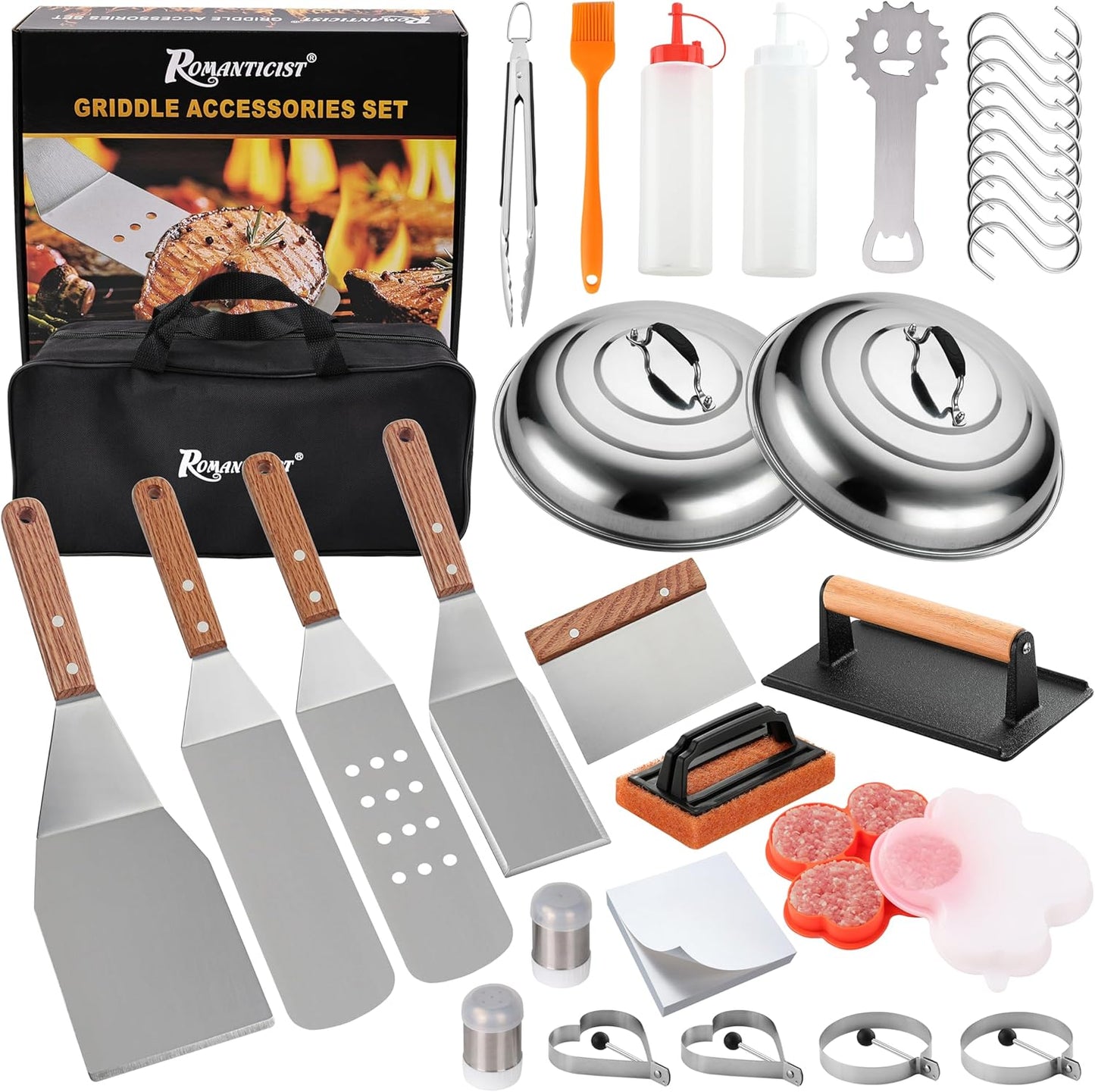 ROMANTICIST 132PC Professional Griddle Accessories Kit - Heavy Duty Stainless Steel Grill Spatula Set for Grill Griddle Hibachi Flat Top Outdoor Cooking - Great Grill Gift on Birthday Wedding