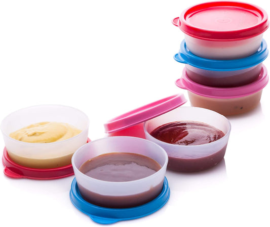 SIGNORA WARE Condiment Containers with Lids- 6 pk. 2.3 oz.Salad Dressing to go Small Food Storage Containers- Sauce Cups Leak proof Reusable Plastic BPA free for Lunch Box Picnic Travel