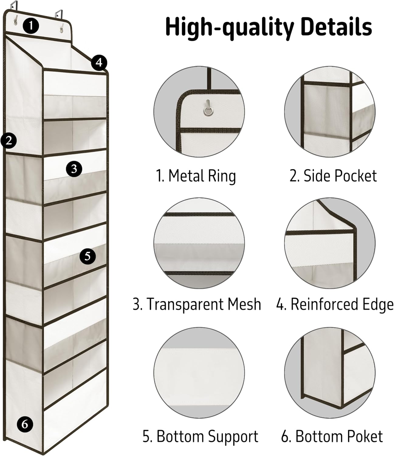 Over Door Organizer with 5 Large Pockets, Heavy Duty Hanging Organizer Storage, Closet Bathroom Nursery Bedroom Dorm, Toys Cosmetics Sundries and Baby Essentials, White