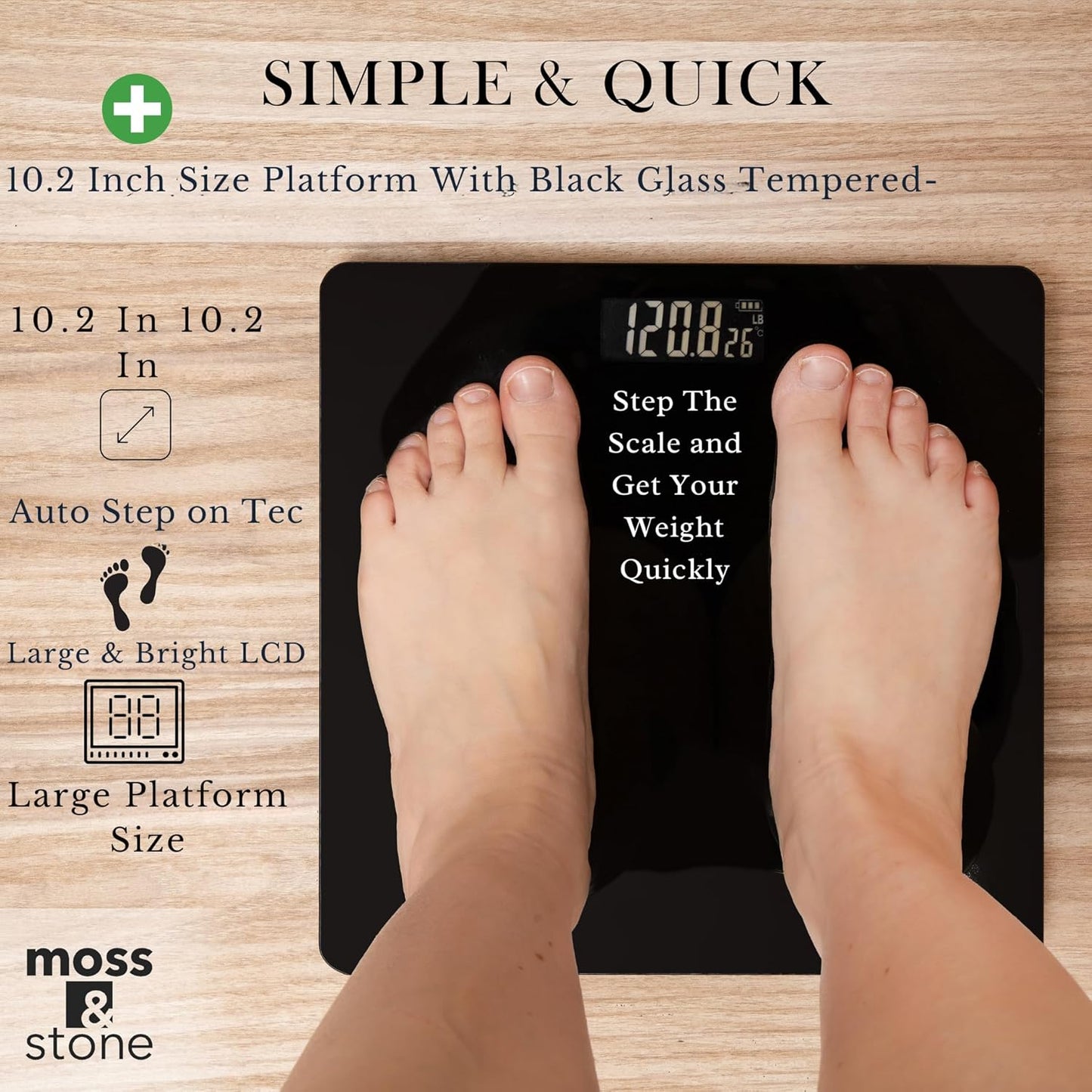 Moss & Stone Black Digital Bathroom Scale for Body Weight, Smart Step-On Technology, Backlit LCD Display, High Accuracy Weight Scale 400lb/180kg, Glass Slim Design, Auto On/Off, Home Use