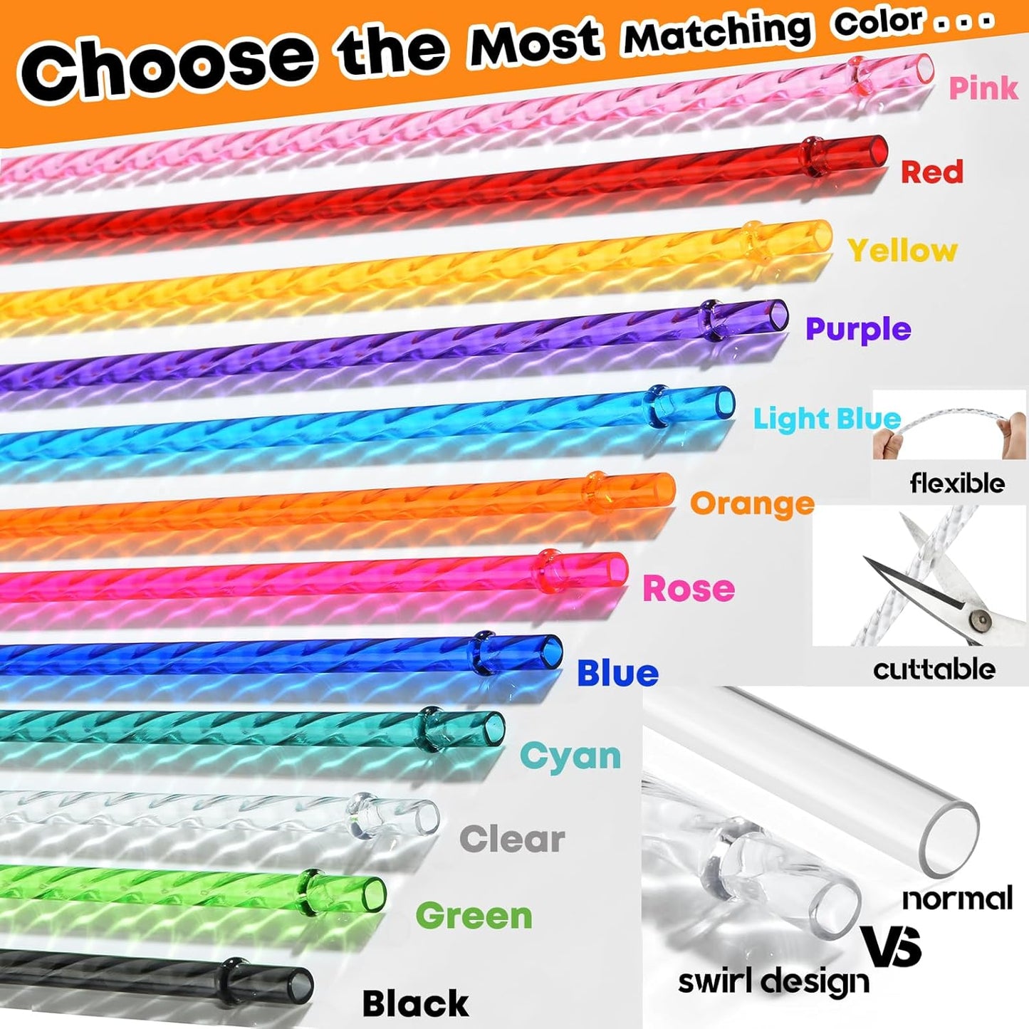 ALINK 12-Pack Reusable Plastic Clear Swirl Straws, 11" Long Colorful Hard Plastic Tumbler Replacement Straws for 16 OZ 20 OZ 30 OZ Stanley, YETI, Starbucks, Owala Tumblers with Brush