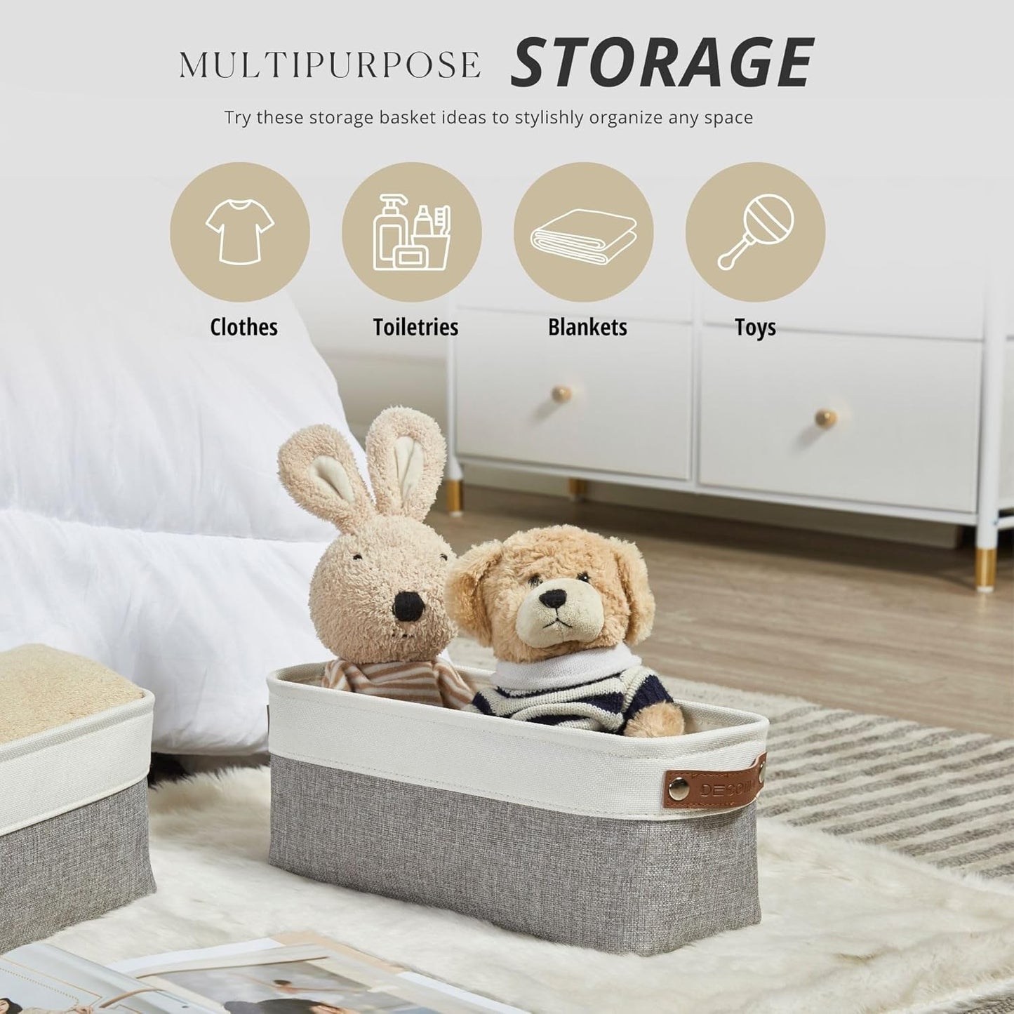 DECOMOMO Narrow Storage Bins Small Baskets for Organizing Bathroom, Toilet Tank, Towel Storage, Entryway, Gifts (Grey and White - Set of 4)