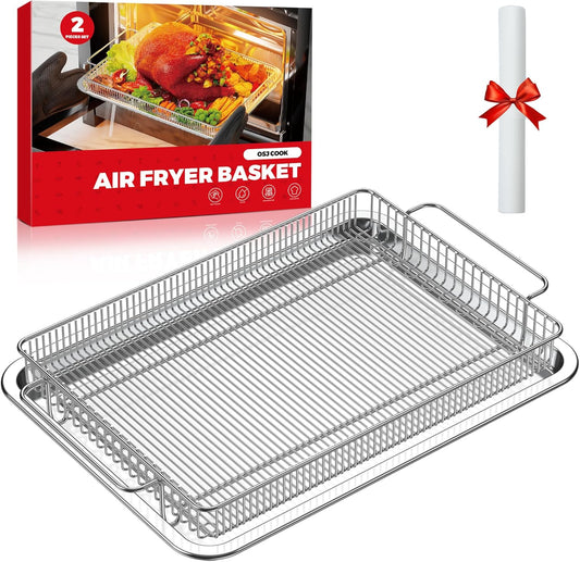 Air Fryer Basket for Oven, Air Fryer Basket and Stainless Steel Baking Tray Pant Oven Air Fryer Pan Rack for Cooking Baking Dishwasher and Broiling (13.9in * 8.8in &12.9 in * 9.7 in)