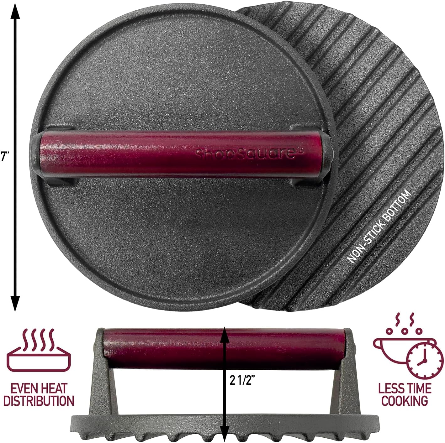 Cast Iron Bacon Press 7" Round & Rectangle 8"x4" Cast Iron Grill Press - Meat Press for Bacon, Steak, Burgers and Sandwiches - Non-Stick Griddle Press with Cool-Touch Wood Handle