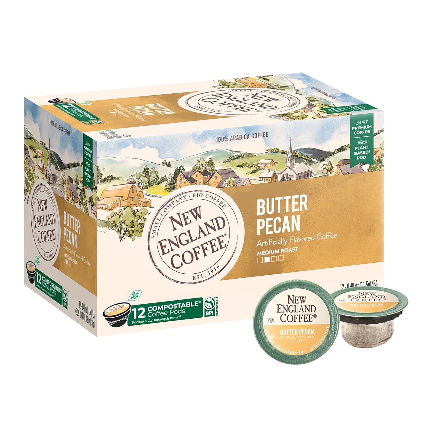 New England Coffee Butter Pecan Medium Roast Single Serve Pods, 12ct Box (Pack of 1)