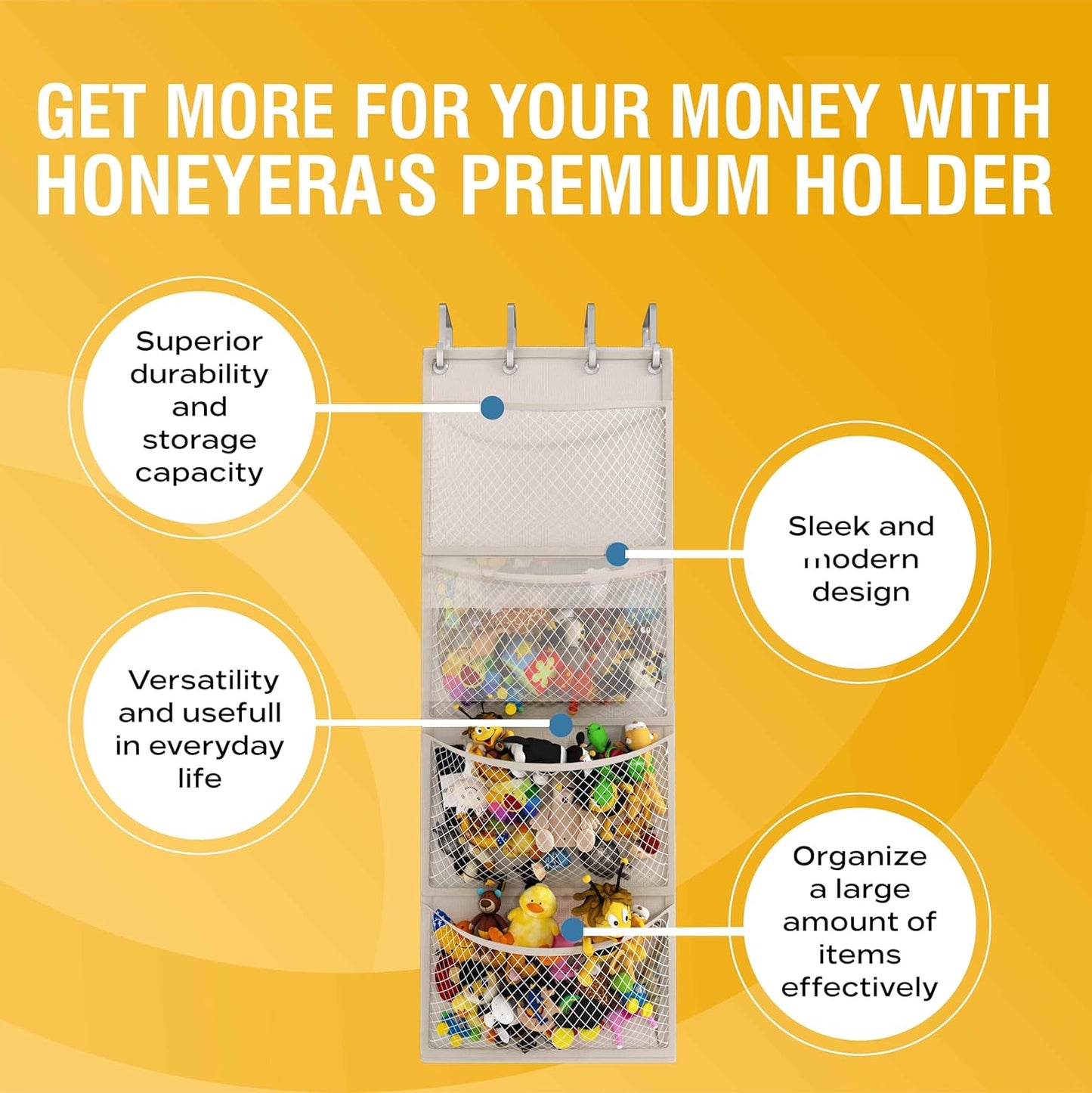 Honeyera The Original Stuffed Animal Storage (Patented) - Over Door Organizer for Stuffies, Baby Ideas Holder, Toy Plush Hammock Hanging Net Big Girls Toddler Large Bag Animals Stuffy Behind