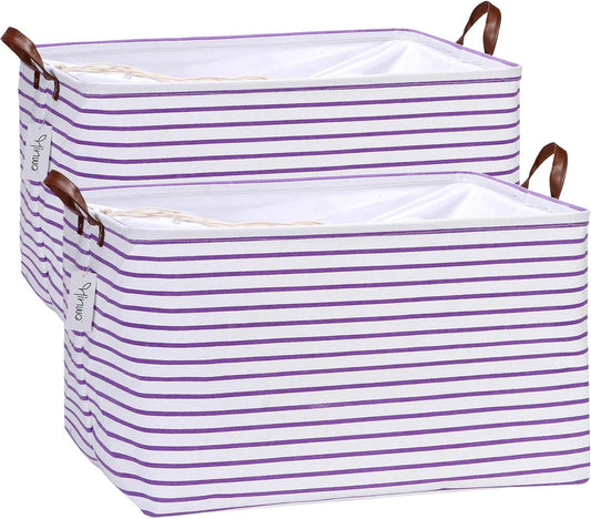 Hinwo 2-Pack Extra Large Canvas Fabric Storage Baskets with Handles, 70L Oversized Storage Bins, Collapsible Storage Box, Clothes, Toys, Blankets Organizers, 22 x 15 x 13 inches, (Purple Stripe)