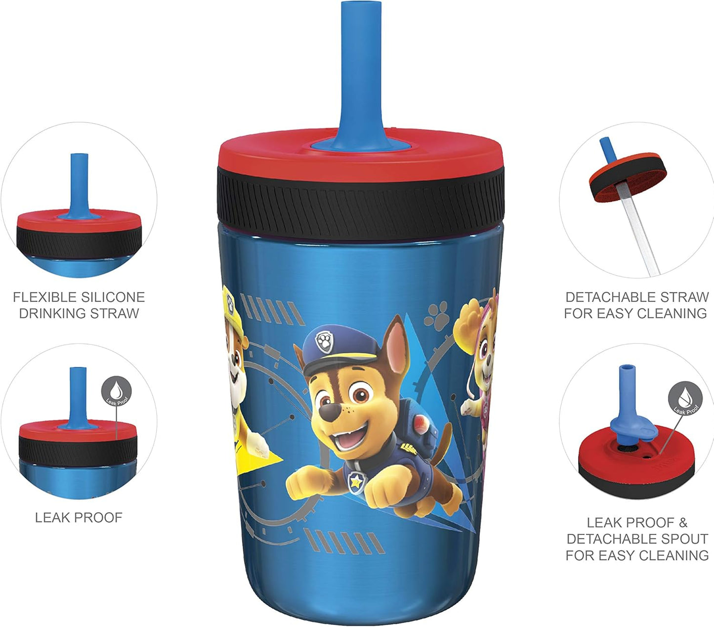 Zak Designs PAW Patrol Kelso Tumbler Set, Leak-Proof Screw-On Lid with Straw, Bundle for Kids Includes Plastic and Stainless Steel Cups with Additional Sipper (Paw Patrol- 3pc)