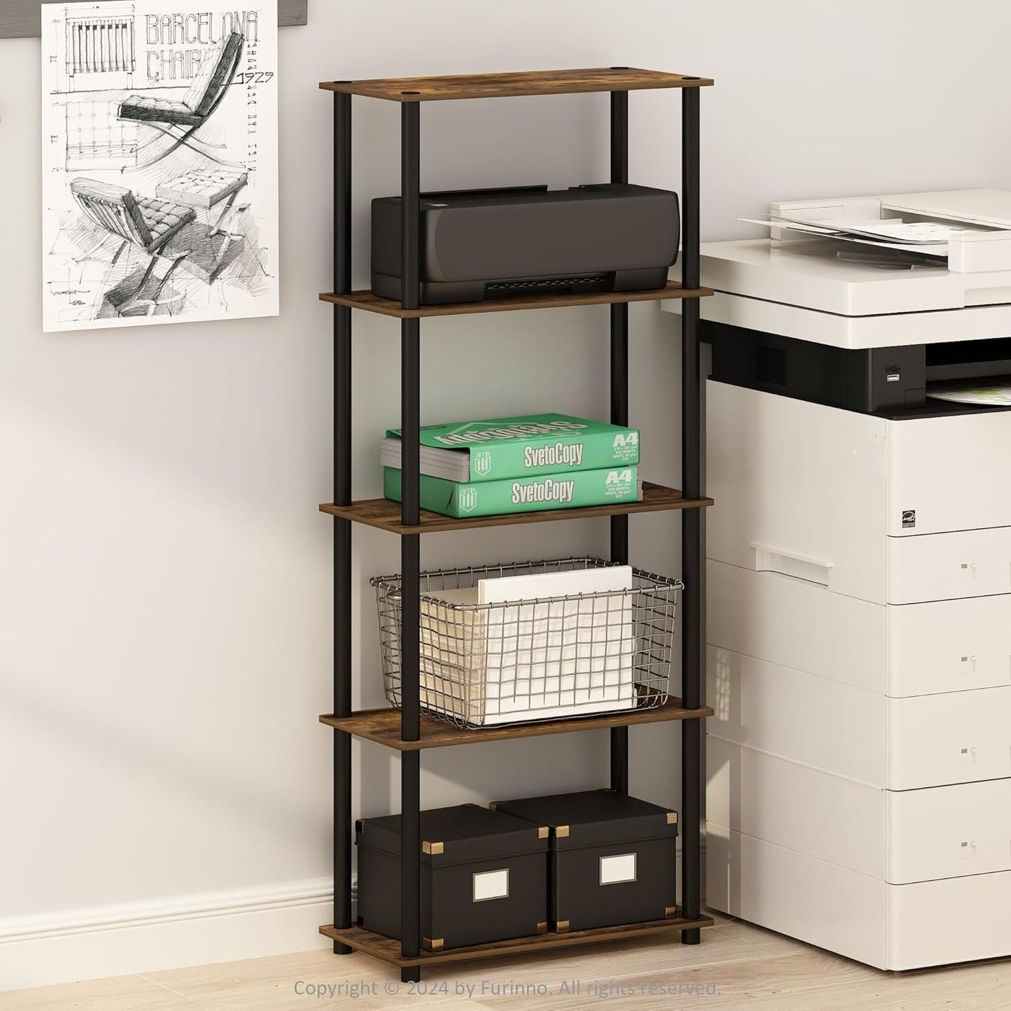 Furinno TURN-N-TUBE Storage Shelves, 5-Tier Book Shelf, Corner Shelf, Toolless Open Shelves, for Organization and Storage, Living Room, Garage, Home Office, Amber Pine