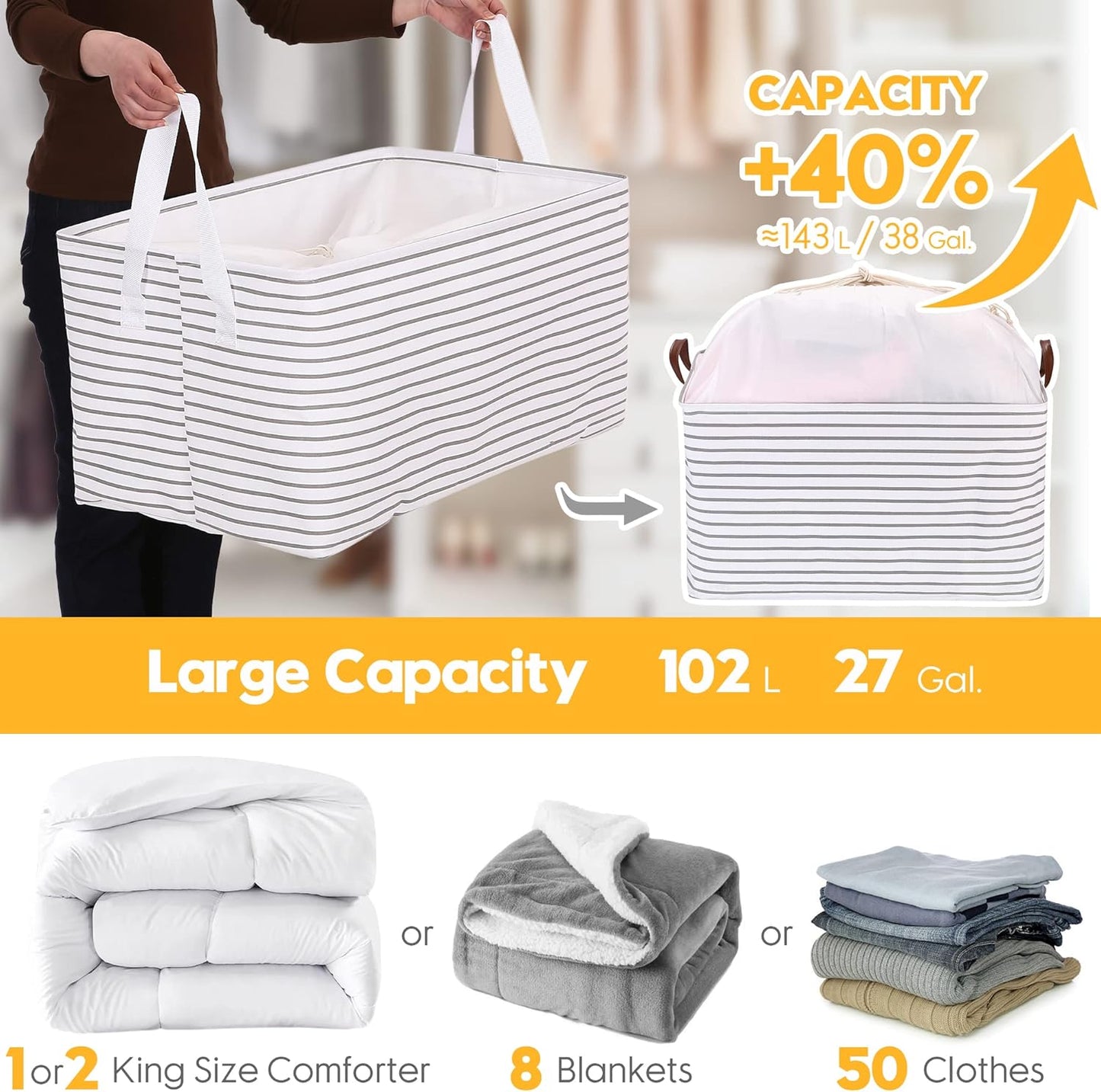 Hinwo 102L XXL Storage Bins, 2-Pack Closet Organizers and Storage, Foldable Clothes Storage Baskets with Handles, Containers for Clothing, Blanket, Comforters, Toys, Bedding (Gray Stripe)