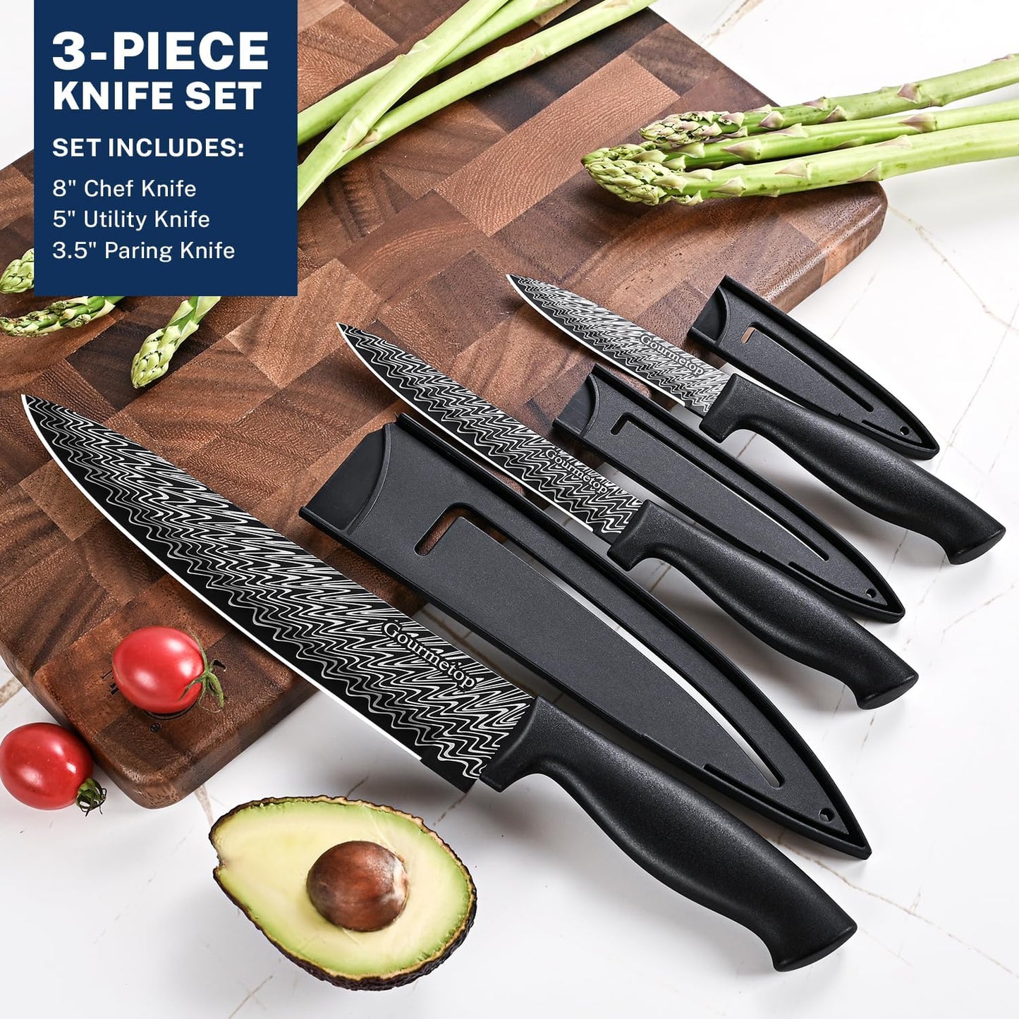 Kitchen Knife Set with Cover 3 Pcs, Black Chef Knife Set for Cooking, Sharp Kitchen Knives with Sheath, 8'' Chef Knife, 5'' Utility, 3.5'' Paring, Damascus Pattern Kitchen Knife for Cutting