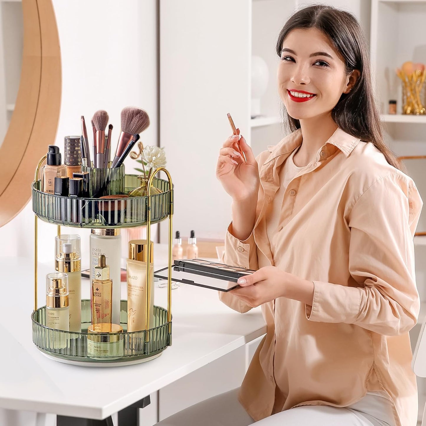 Aveniee Rotating Makeup Organizer for Vanity, Upagraded Perfume Skincare Bathroom Counter Organizers with Brush Divider, 2 Tier Spinning Lipstick Cosmetic Lotion Storage,Green