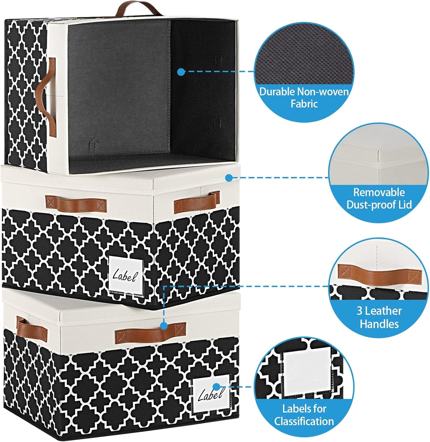 GhvyenntteS Fabric Storage Bins with Lids 3 Pack, Foldable Fabric Storage Boxes with Lids and 3 Handles, Sturdy Closet Organizers and Storage Bins with Label Window for Home (White&Lattice Black)