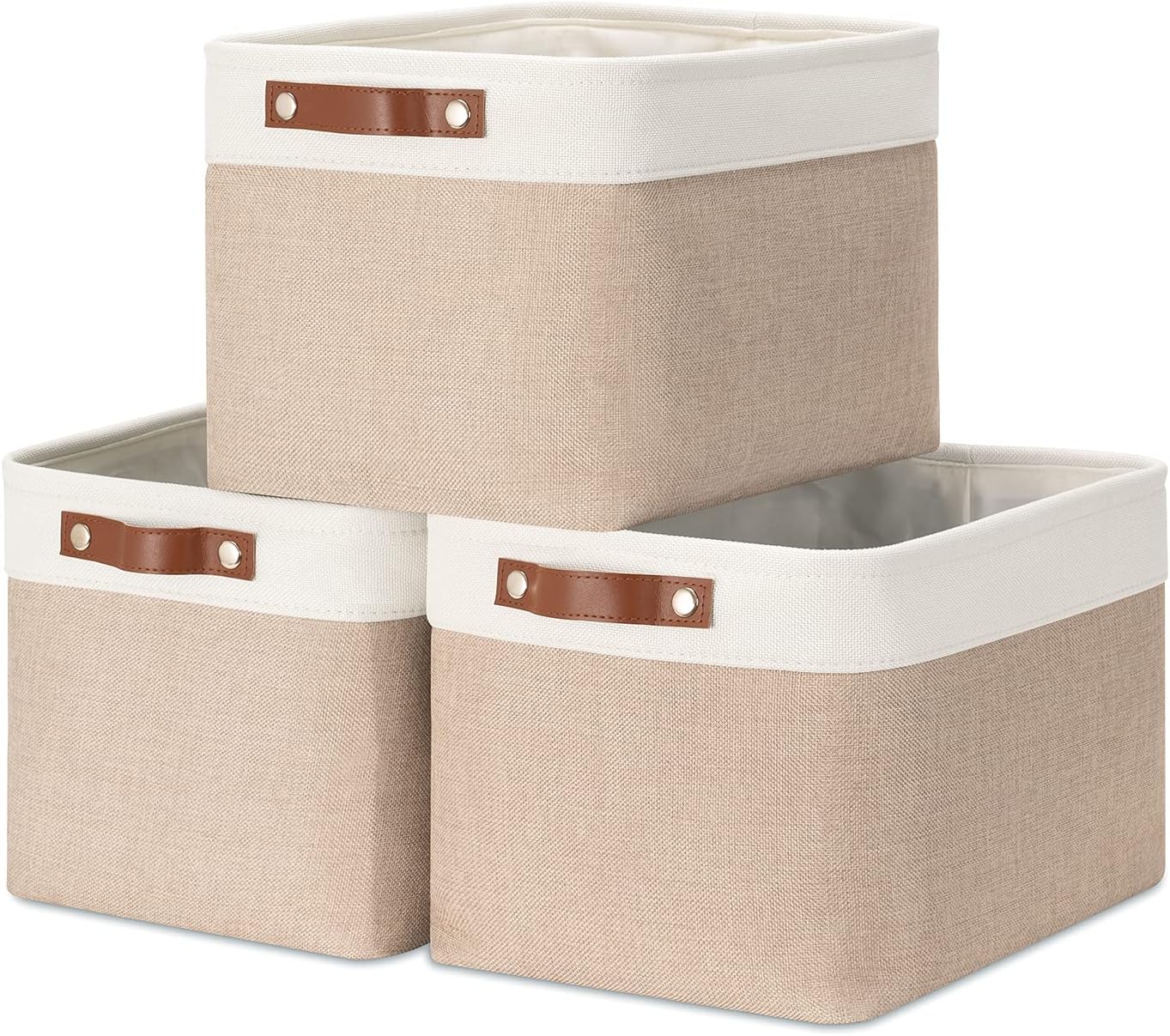 HNZIGE Fabric Storage Baskets for Shelves, Large Collapsible Storage Baskets for Organizing, Decorative Baskets Bins Set with Handles for Closet, Clothes,Home (3 Pack, White&Khaki,15" x 11" x 9.5")