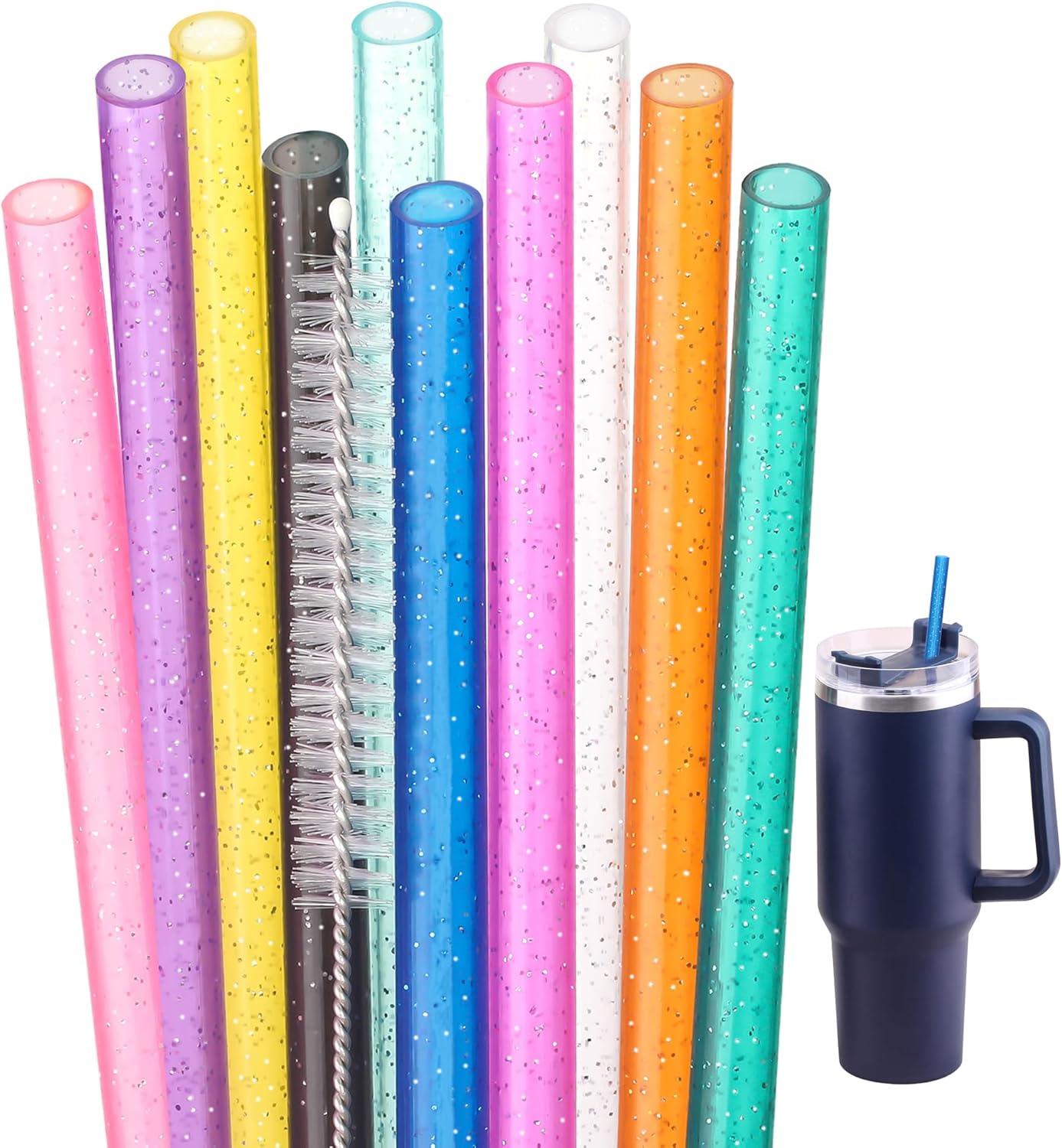 Dakoufish Replacement Glitter Straws for Stanley|Owala|Simple Modern 40oz 30oz Tumbler,10 Pack 12 Inch Reusable Straws With Cleaning Brush For Stanley Hydro Jug Cup,Dishwasher Safe (Mix 10color)