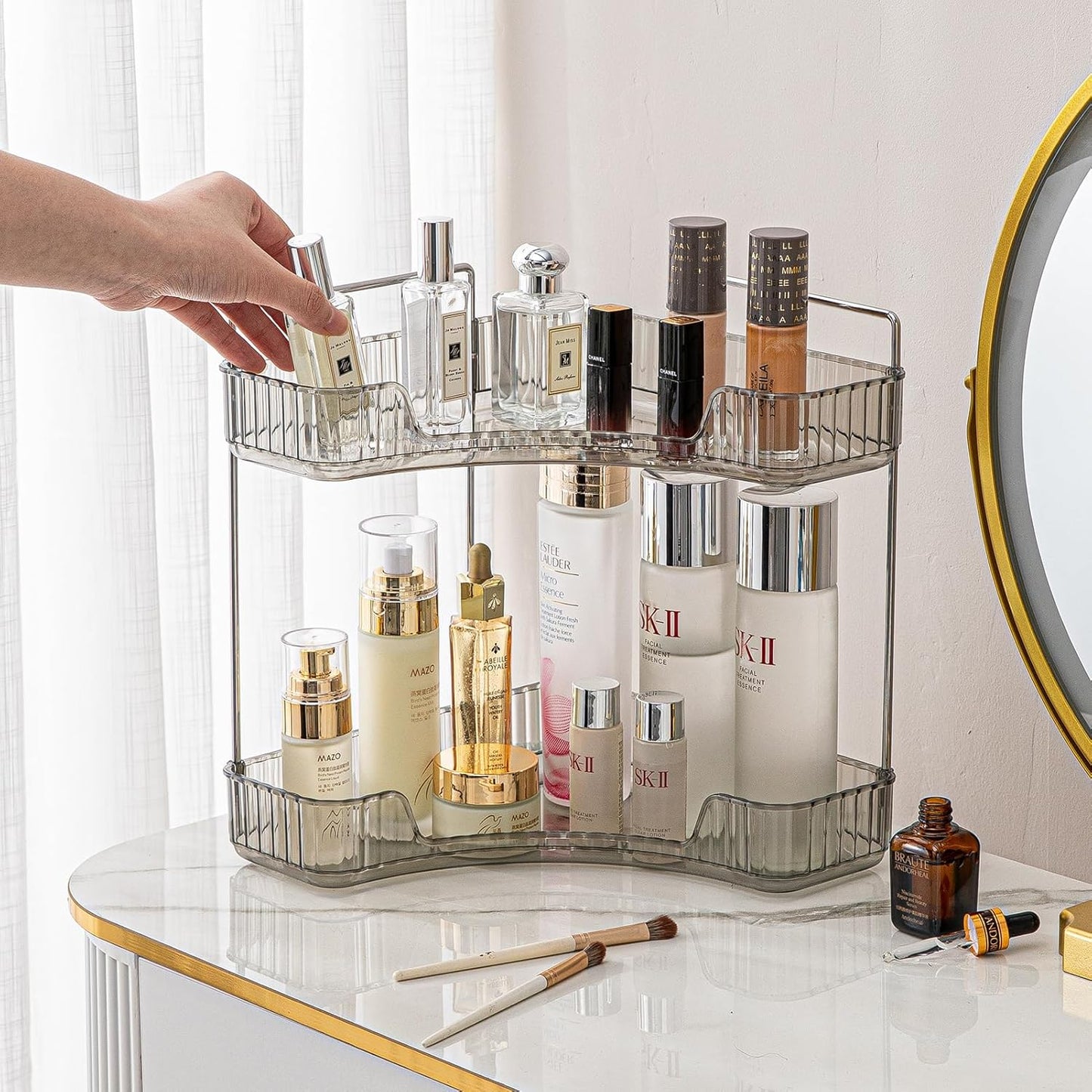 2-Tier Corner Bathroom Counter Organizer – Classic Storage Shelf for Makeup, Perfume & Toiletries, Space-Saving Countertop Tray Fits Bathroom, Dresser, Kitchen (Slate Gray)