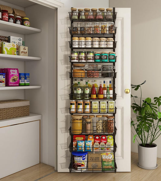 10-Tier Over The Door Pantry Organizer, Pantry Organization and Storage, Black Metal Hanging Adjustable Basket, Wall Spice Rack Seasoning Shelves, Home & Kitchen Essentials