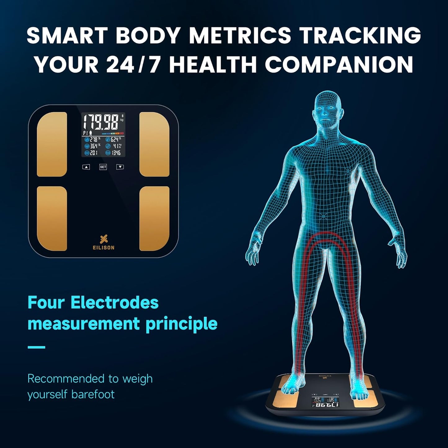 EILISON Highly Advance 2-in-1 Digital & Analog Weighing Scale for Body Weight-400lbs, 4 High Precison GX Sensor Accurate, Thick Tempered Glass, Extra Large Display (red) (Smart Black)