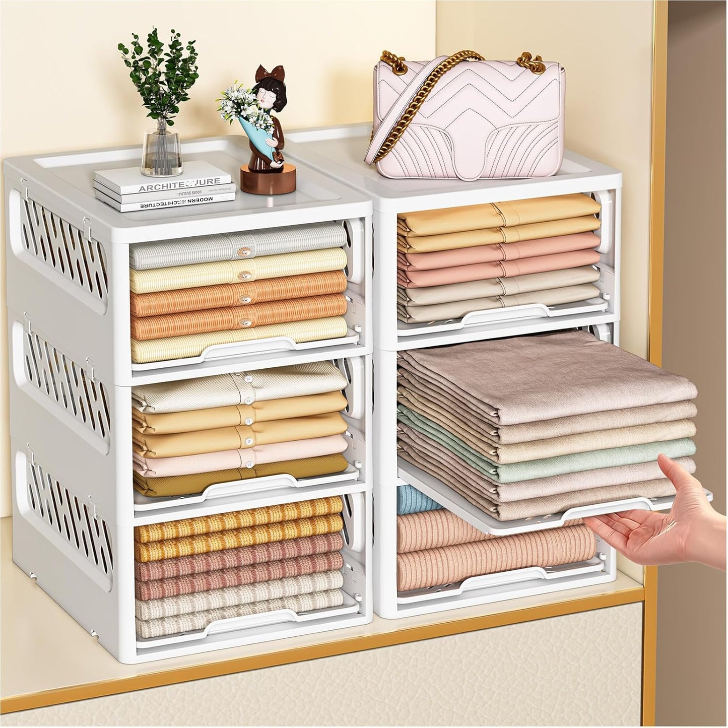 3 Pack Stackable Closet Storage Basket - Stackable Storage Bins, Multifunctional & Foldable Closet Organizer Divided, Wardrobe Cupboard Space-Saving Clothes Storage Hat Organizer, White