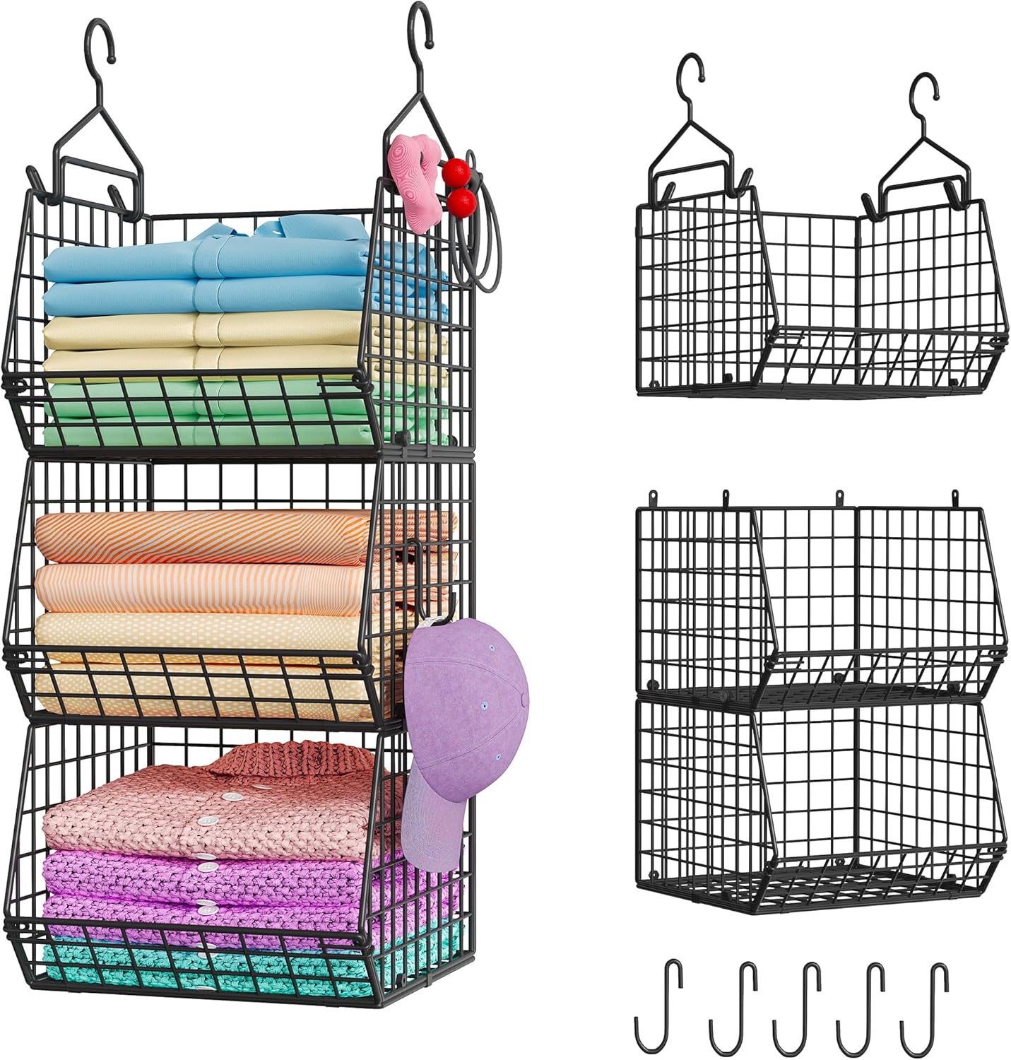 X-cosrack 3-Tier Hanging Storage Organizer for Closet, Laundry & Utility Room | Space Saving Shelves with 1.65" Hook & 5 S-Hooks | Hanging Wire Baskets (12.4" W x 8.8" H x 10.24-11.8" D)
