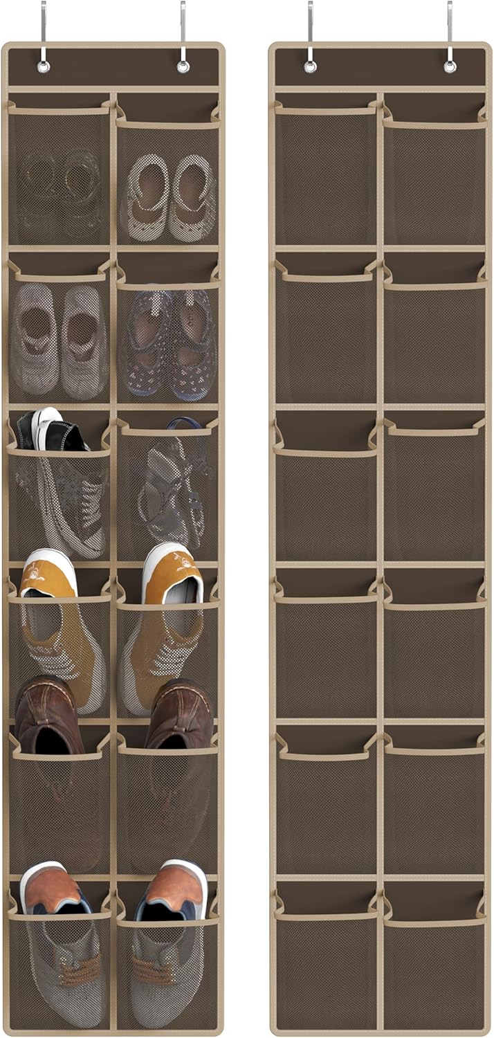 Simple Houseware 24 Pockets - 2-Pack 12 Large Mesh Pocket Over Door Hanging Shoe Organizer, Brown