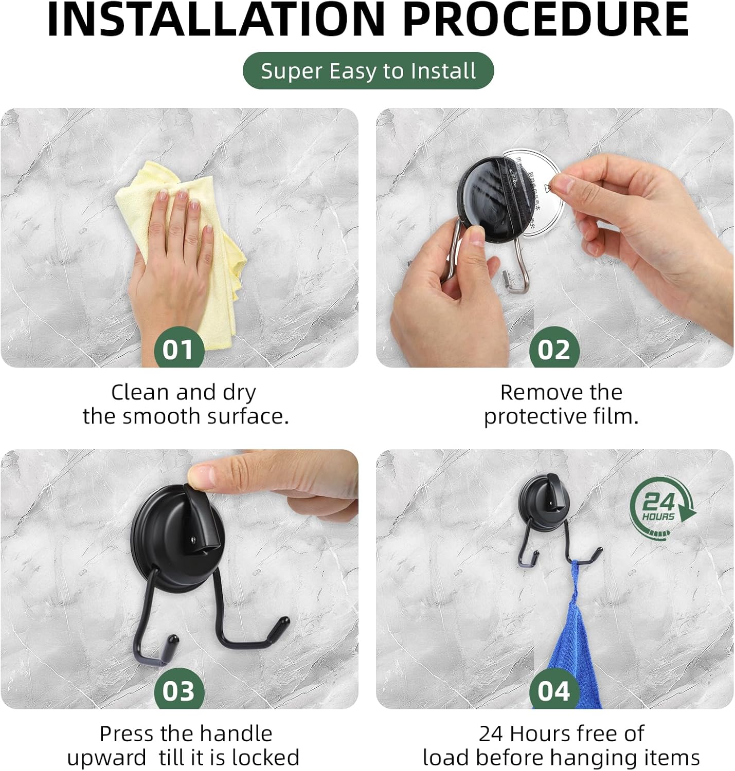 Stainless Still Suction Cup Hooks for Shower, Bathroom, Kitchen, Glass Door, Mirror, Tile – Loofah, Towel, Coat, Bath Robe Hook Holder,(2-PCS), Matte Black