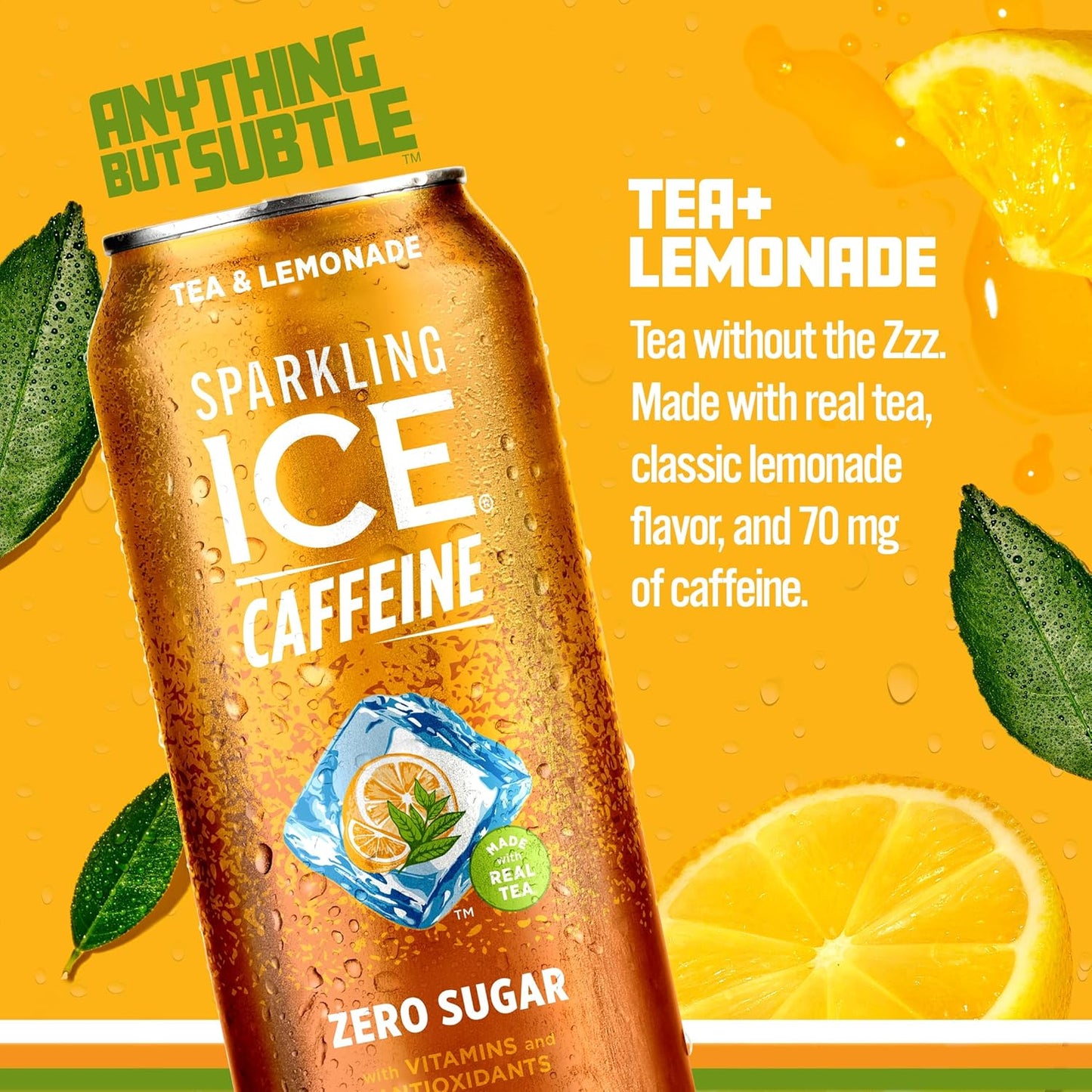 Sparkling Ice Caffeine Tea + Lemonade Sparkling Water with Caffeine, Zero Sugar, with Antioxidants and Vitamins,16 fl oz Cans (Pack Of 12)