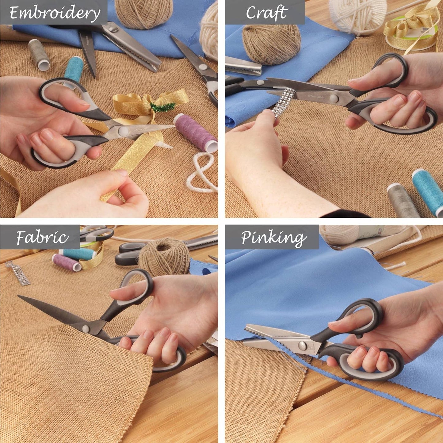 BambooMN Titanium Softgrip Scissors Set - Pinking, Sewing, Arts, Crafts, Office - 1 Set of 4 - Black w/Grey Inlays