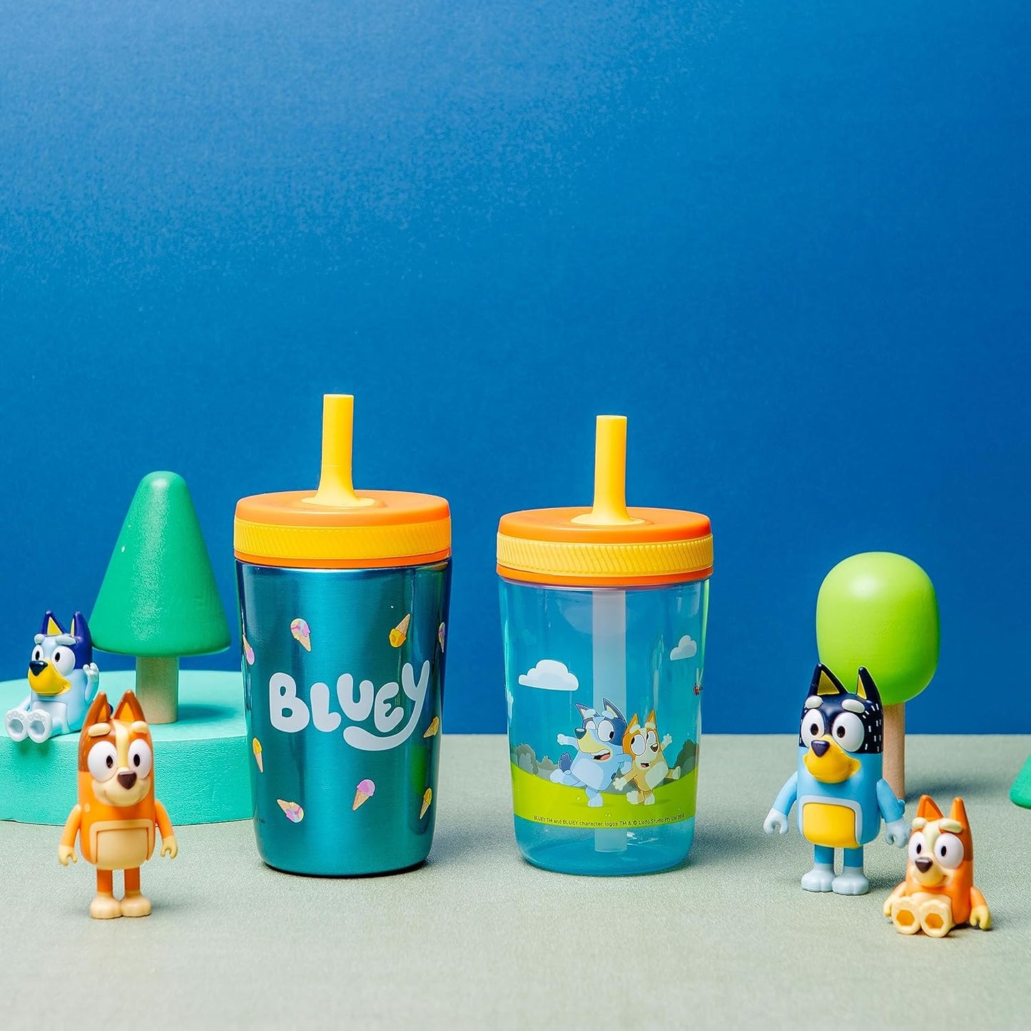 Zak Designs Bluey Kelso Tumbler Set, Leak-Proof Screw-On Lid with Straw, Bundle for Kids Includes Plastic and Stainless Steel Cups with Bonus Sipper, 3pc Set