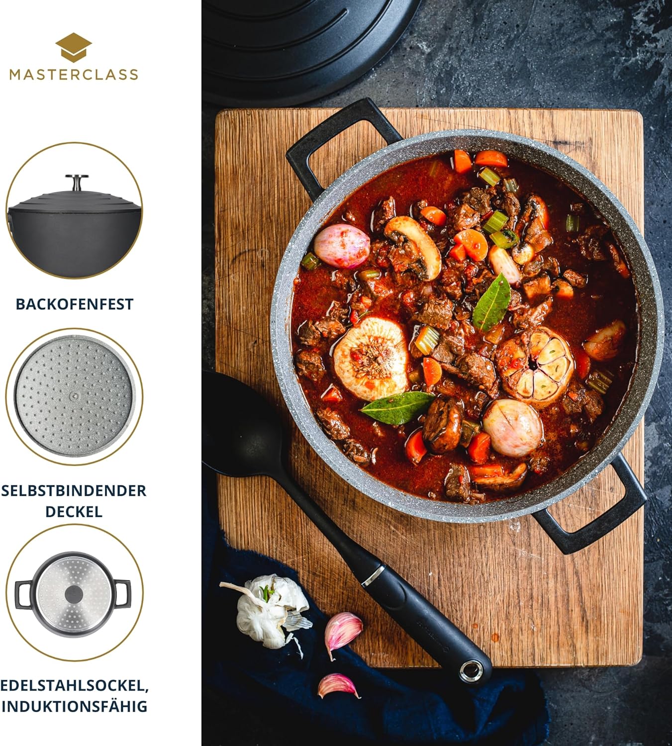 MasterClass Cast Aluminium Casserole Dish with Self-Basting Lid Premium Quality Lightweight Non-Stick Medium Round Blue, Hob to Oven Cooking Pot for Family Meals Curries Dishwasher Safe, 20cm, 2.5L