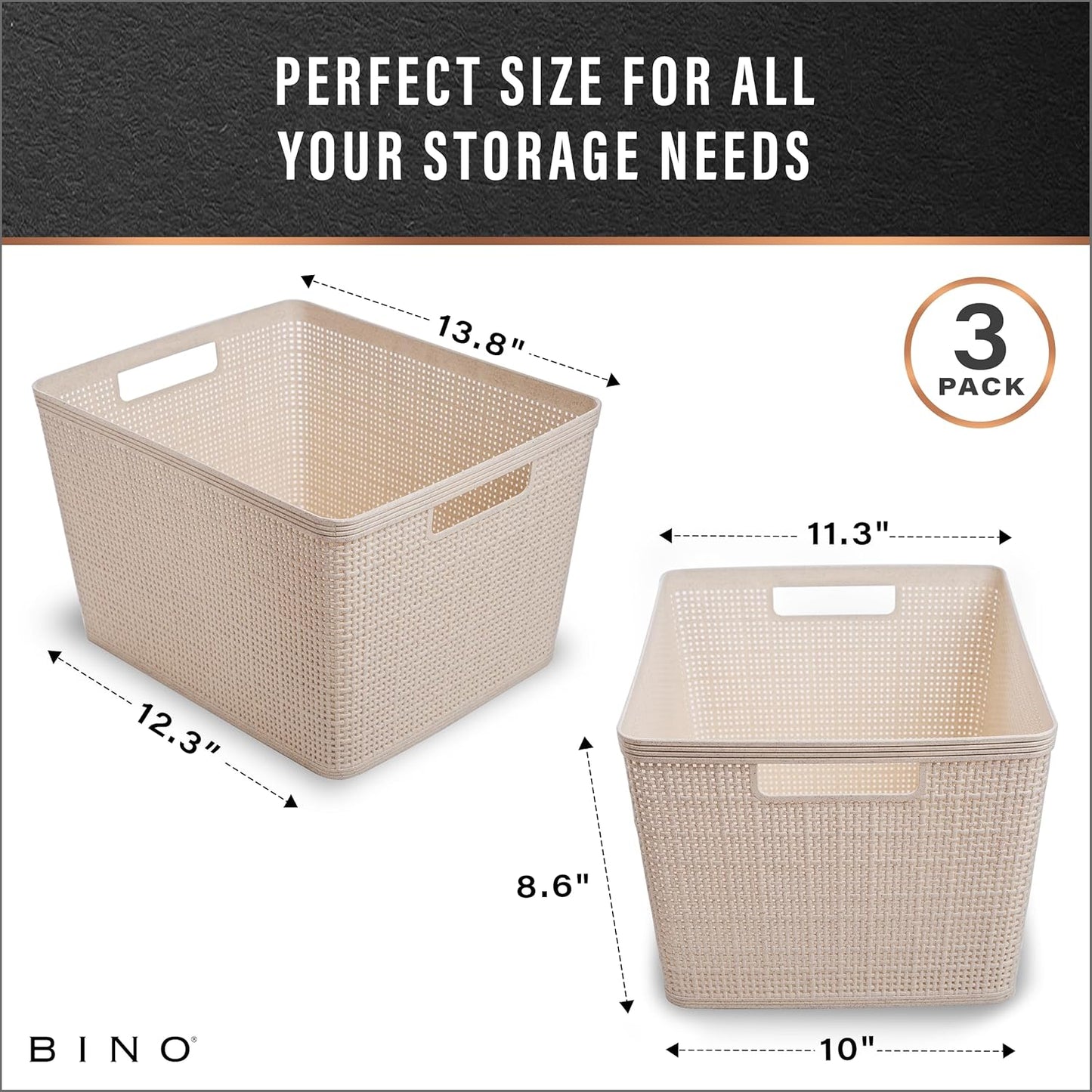 BINO Woven Plastic Basket | Large (Natural), 3-Pack | THE JUTE COLLECTION | Home Organization, Space-Saving Storage, Stylish Design | Plastic Storage Basket