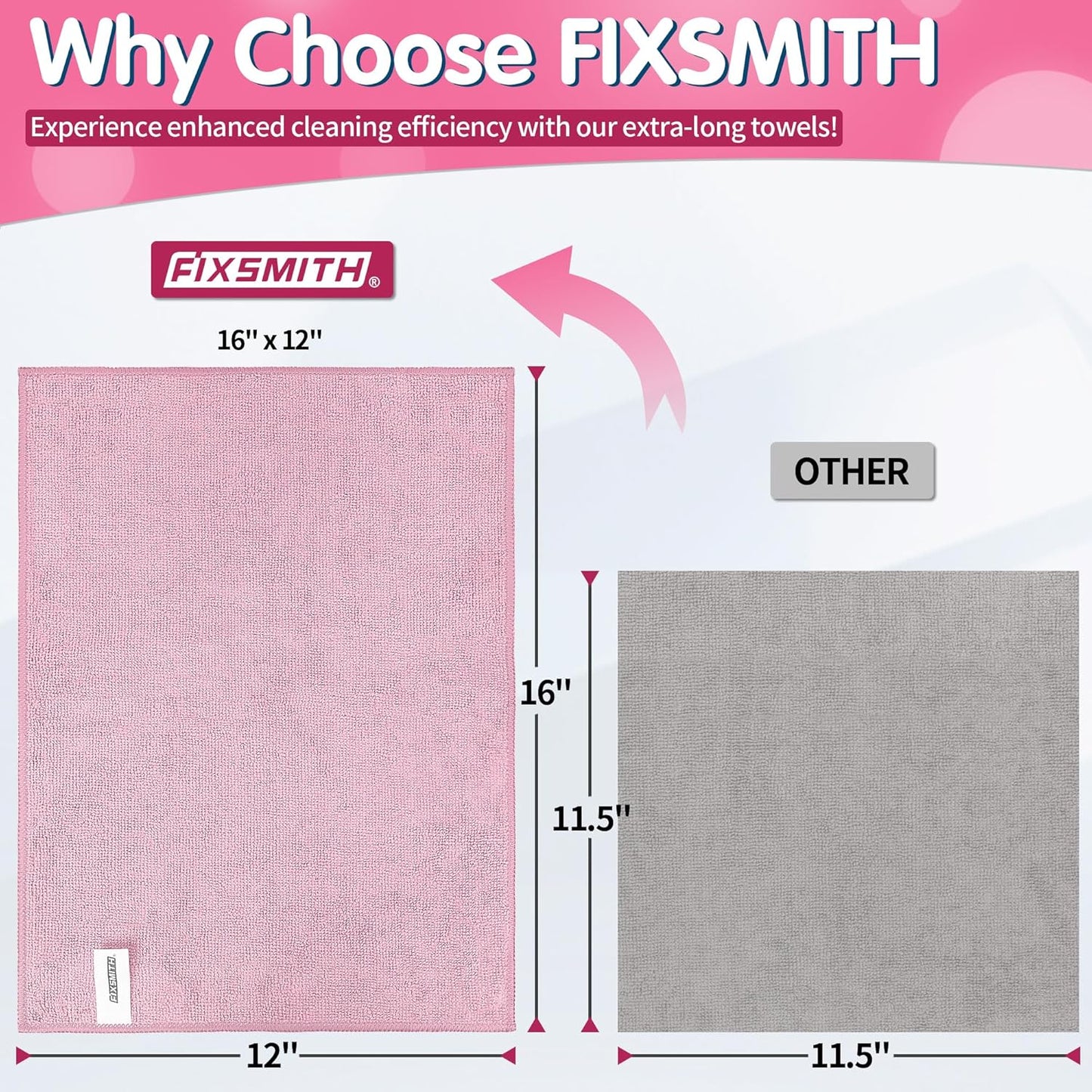 FIXSMITH Pink Microfiber Cleaning Cloth -Pack of 8, Highly Absorbent Cleaning Rags, 16"X12" All Purpose Cleaning Towels for Housekeeping, Kitchen, Car, Lint Free and Reusable Microfiber Towels