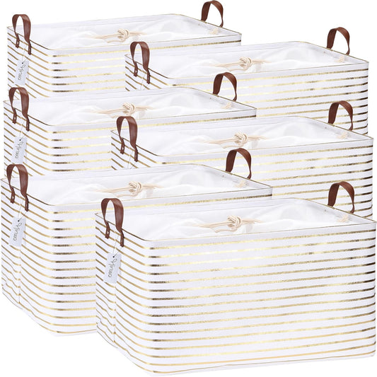 Hinwo 70L Extra Large Storage Bins, 6-Pack Closet Organizers and Storage, Foldable Clothes Storage Baskets with Handles, Containers for Clothing, Blanket, Comforters, Toys, Bedding (Gold Stripe)