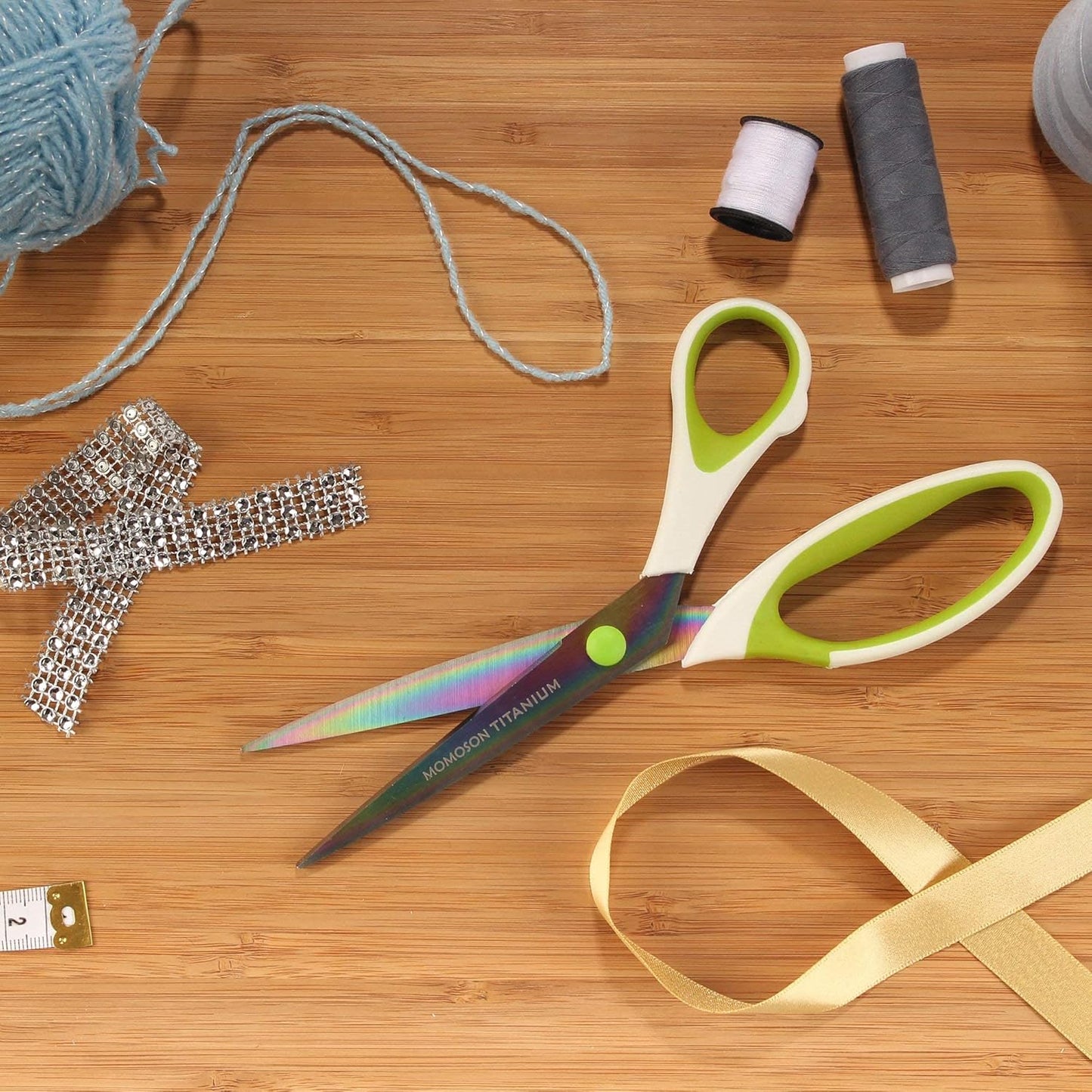 BambooMN Titanium Softgrip Scissors Set for Sewing, Arts, Crafts, Office - 10 sets of 3 - White w/Green Inlays