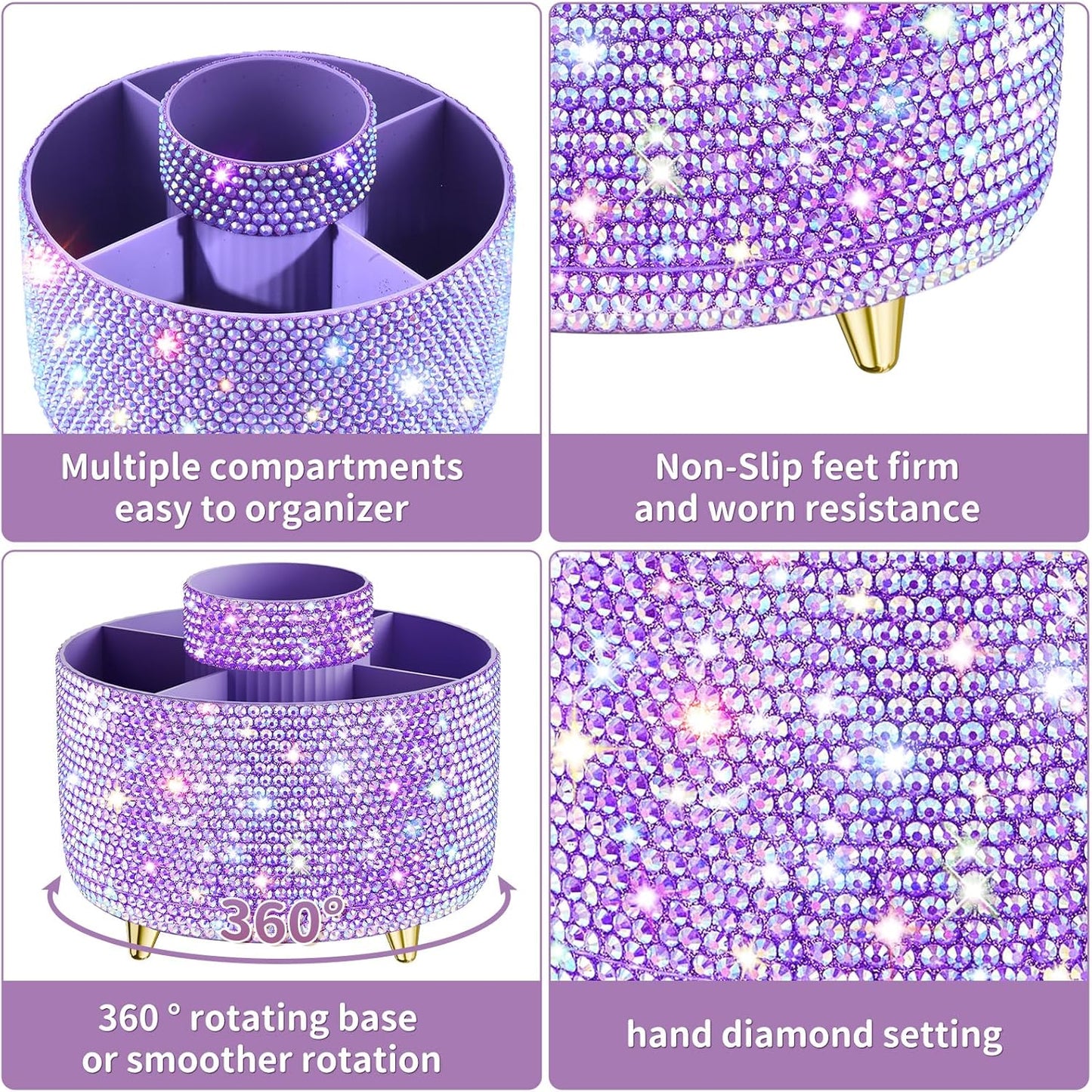 Bling 360° Rotate Makeup Brush Holder Organizer, Makeup Organizers Countertop, Makeup organization and Skincare Storage for Vanity, Gift for Women Girls (Bling dz-Purple)